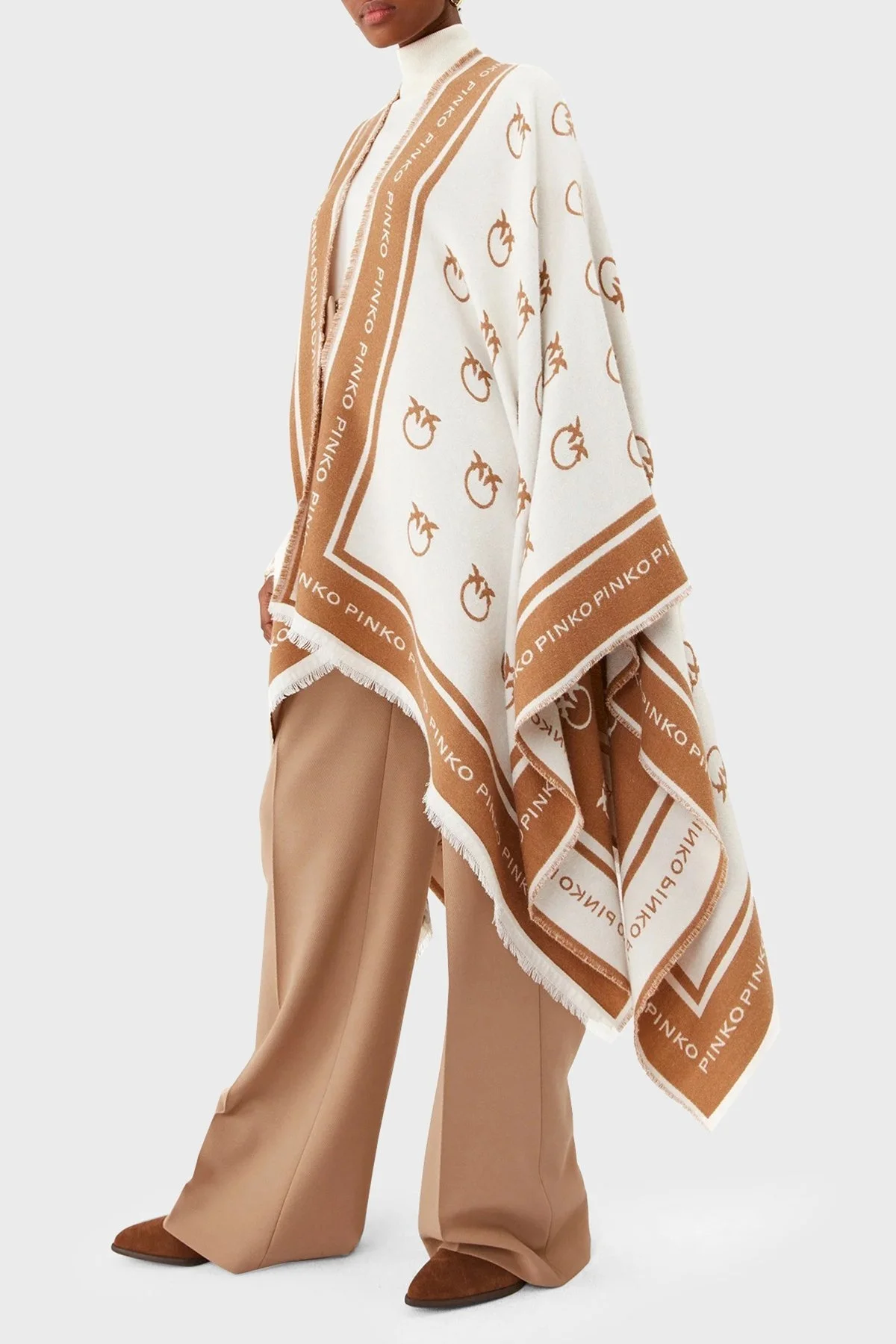 Pinko Yünlü Logo Desenli Standart Fit Bayan Panço 101557 A0CJ ZCA BEYAZ-CAMEL - 3