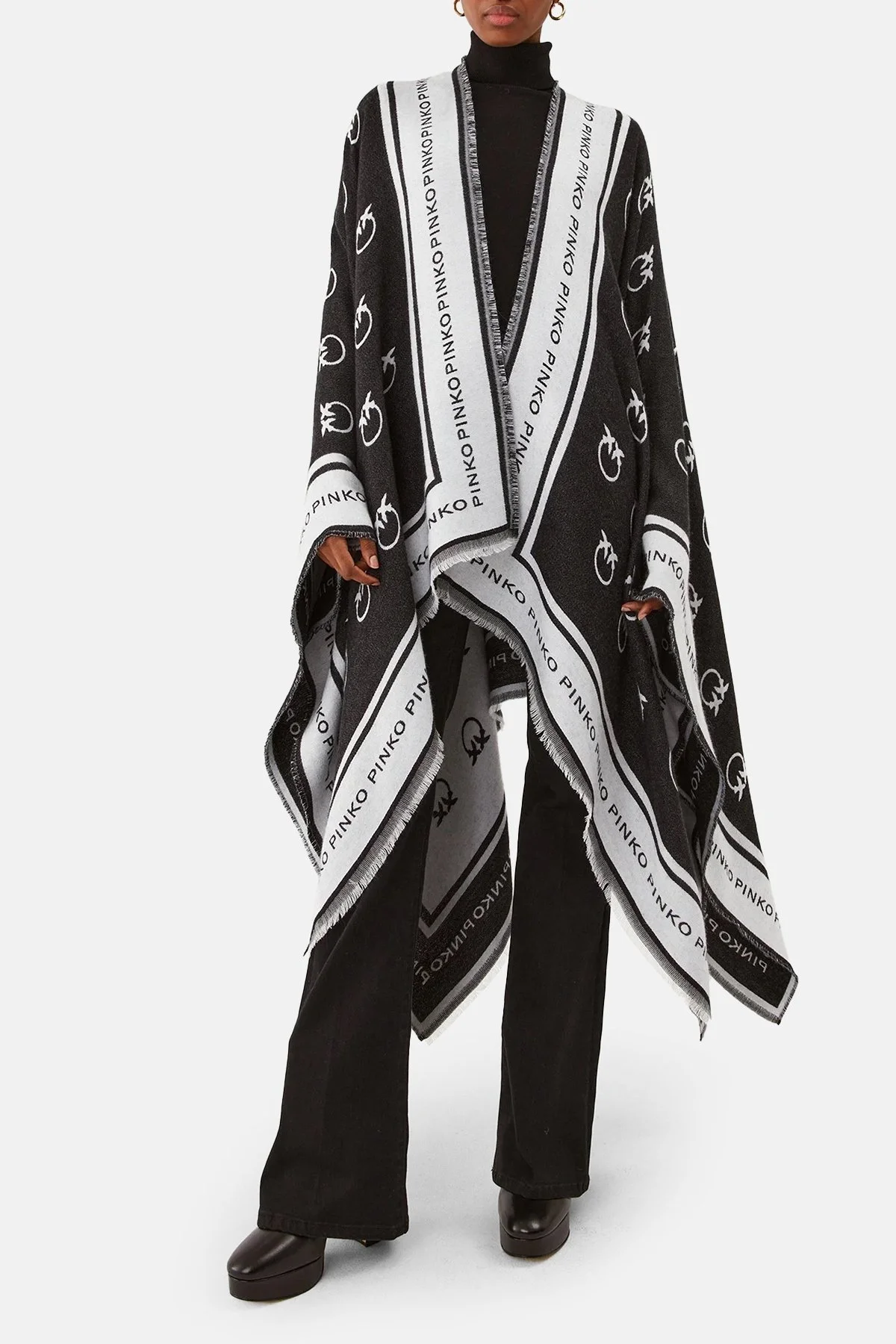 Pinko Yünlü Logo Desenli Standart Fit Bayan Panço 101557 A0CJ ZCB SİYAH-BEYAZ - 2