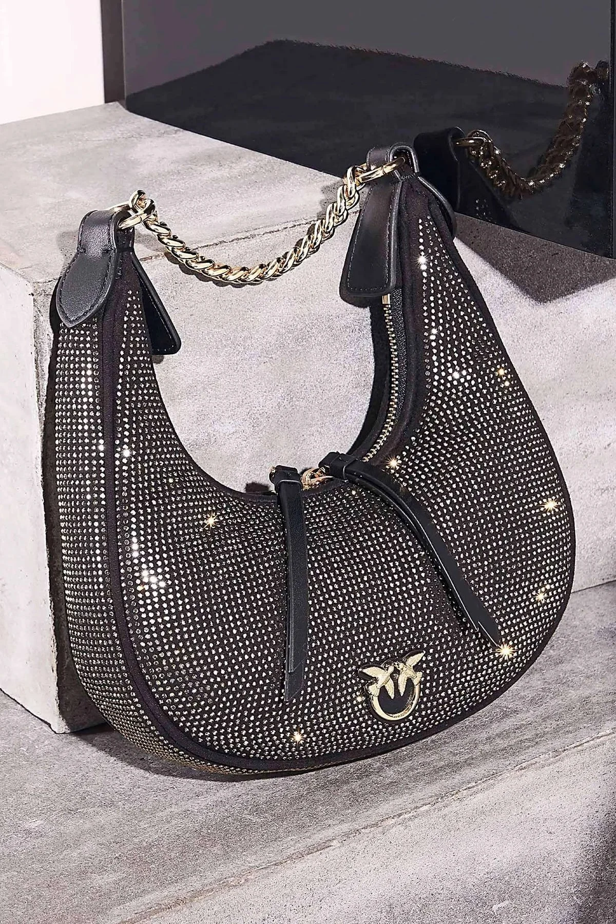 Pinko Zincir Askılı Parlak Taş Detaylı Bayan Çanta 101433 A159 Z99U SİYAH-GÜMÜŞ - 5