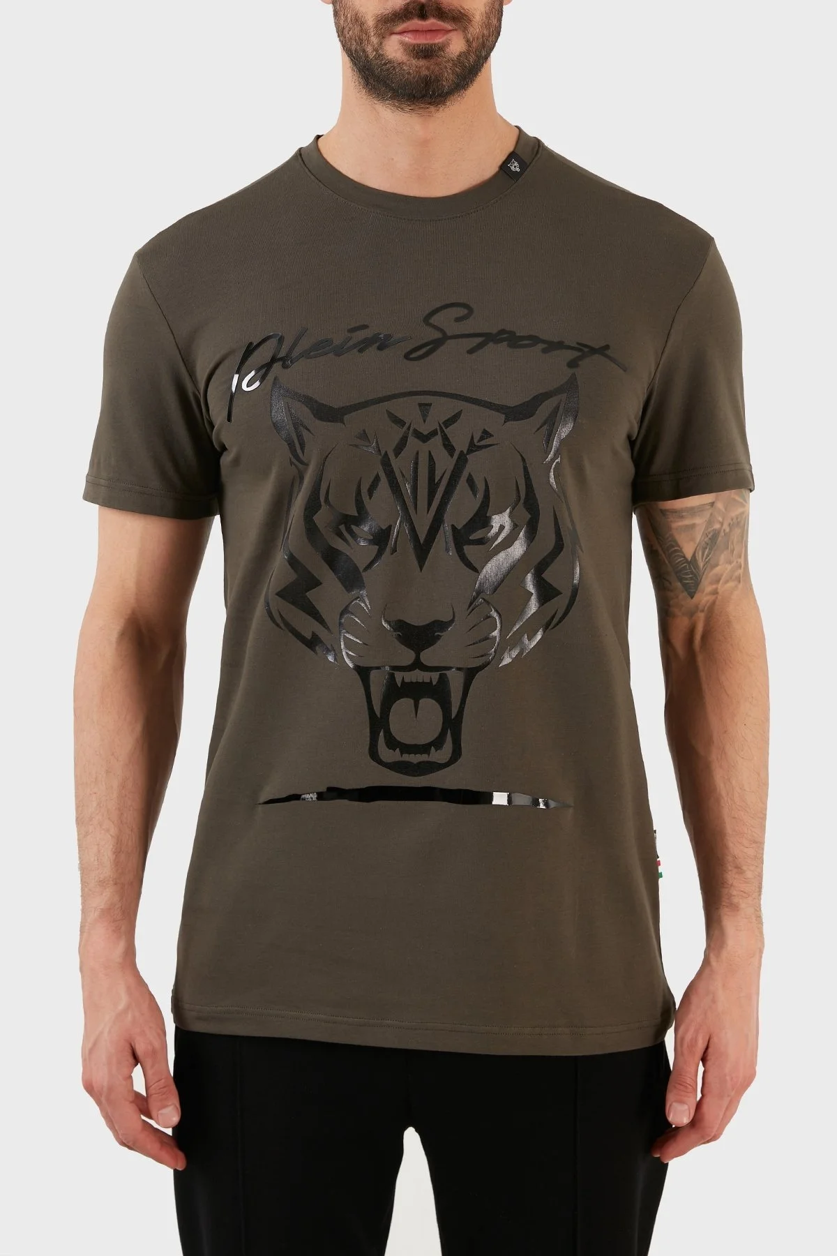 Plein Sport Logolu Bisiklet Yaka Pamuklu Erkek T Shirt TIPS123IT32 HAKİ - 1