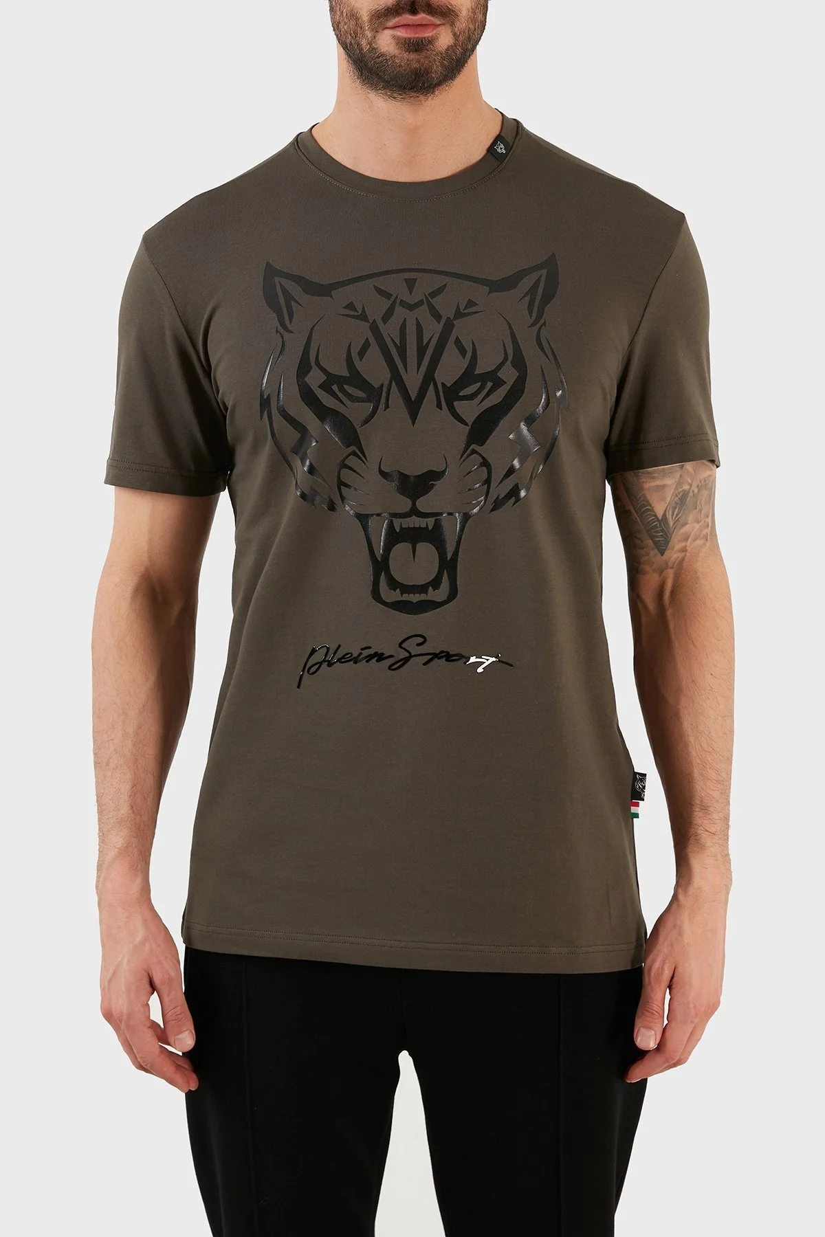 Plein Sport Logolu Bisiklet Yaka Pamuklu Erkek T Shirt TIPS127TN32 HAKİ - 1