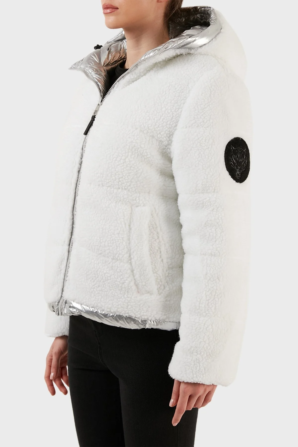 Plein Sport Logolu Çift Taraflı Kapüşonlu Bayan Mont DPPS20411 GÜMÜŞ - 4