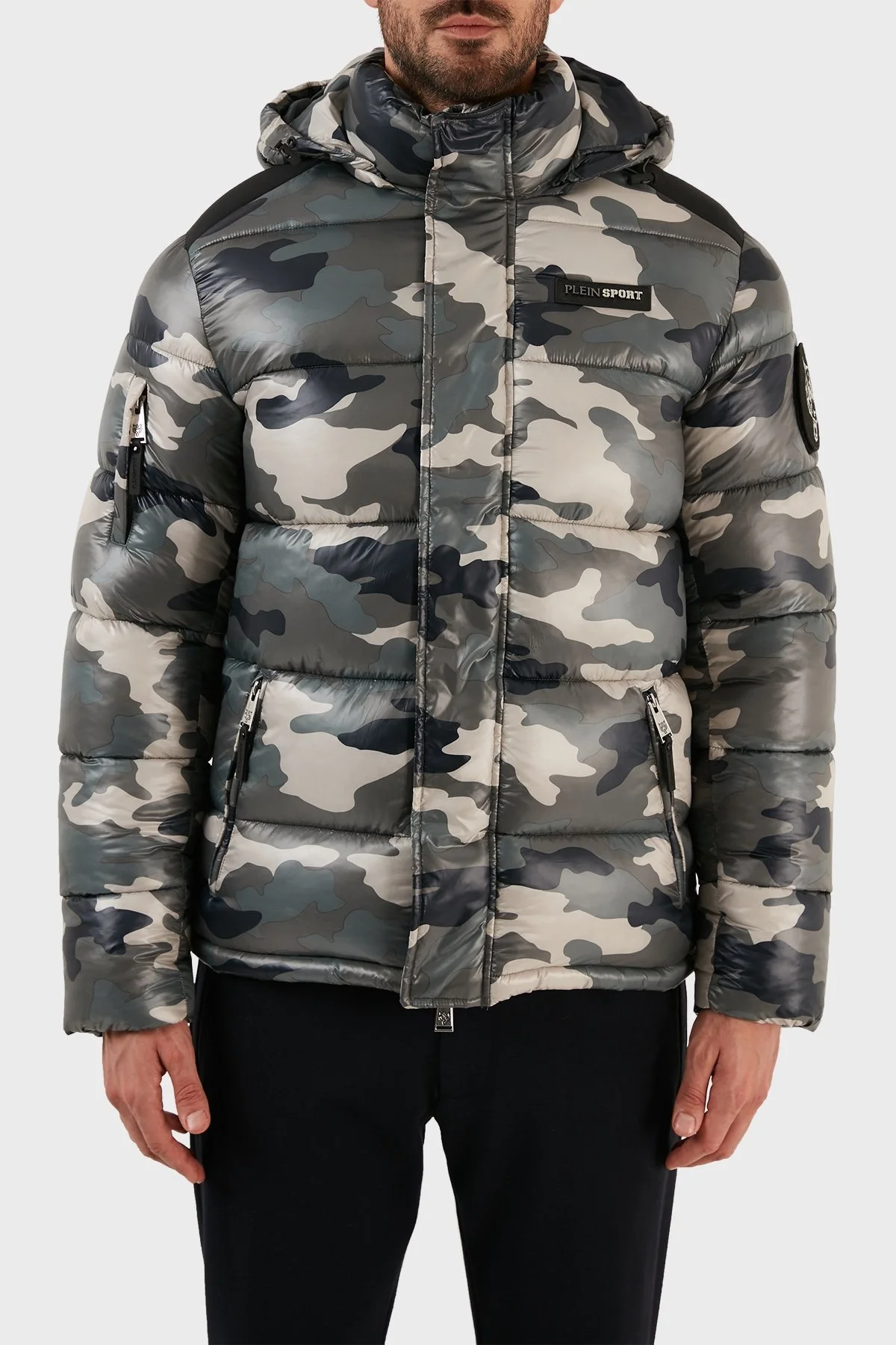 Plein Sport Logolu Kamuflaj Desenli Yalıtımlı Çıkarılabilir Kapüşonlu Erkek Mont UPPS10232 HAKİ - 1