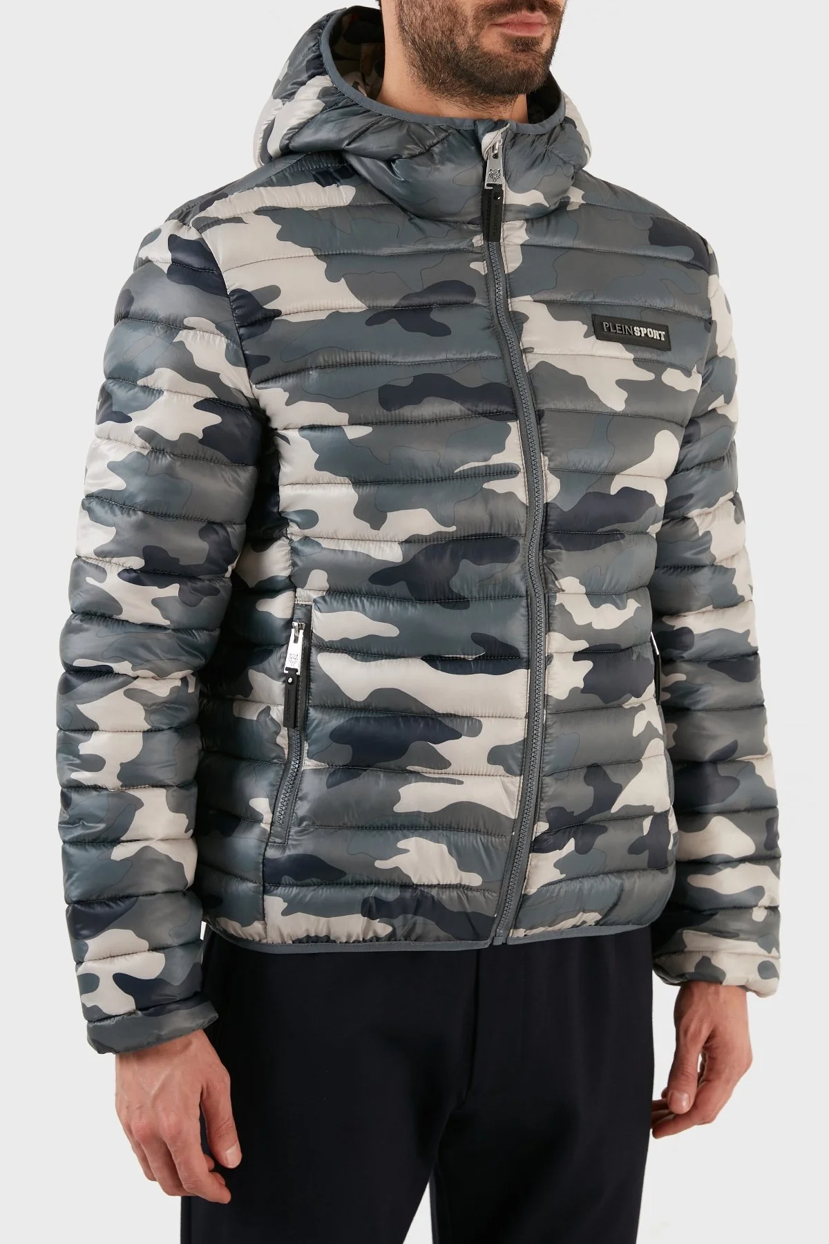Plein Sport Logolu Kamuflaj Desenli Yalıtımlı Kapüşonlu Erkek Mont UPPS10332 KAMUFLAJ-HAKI - 4
