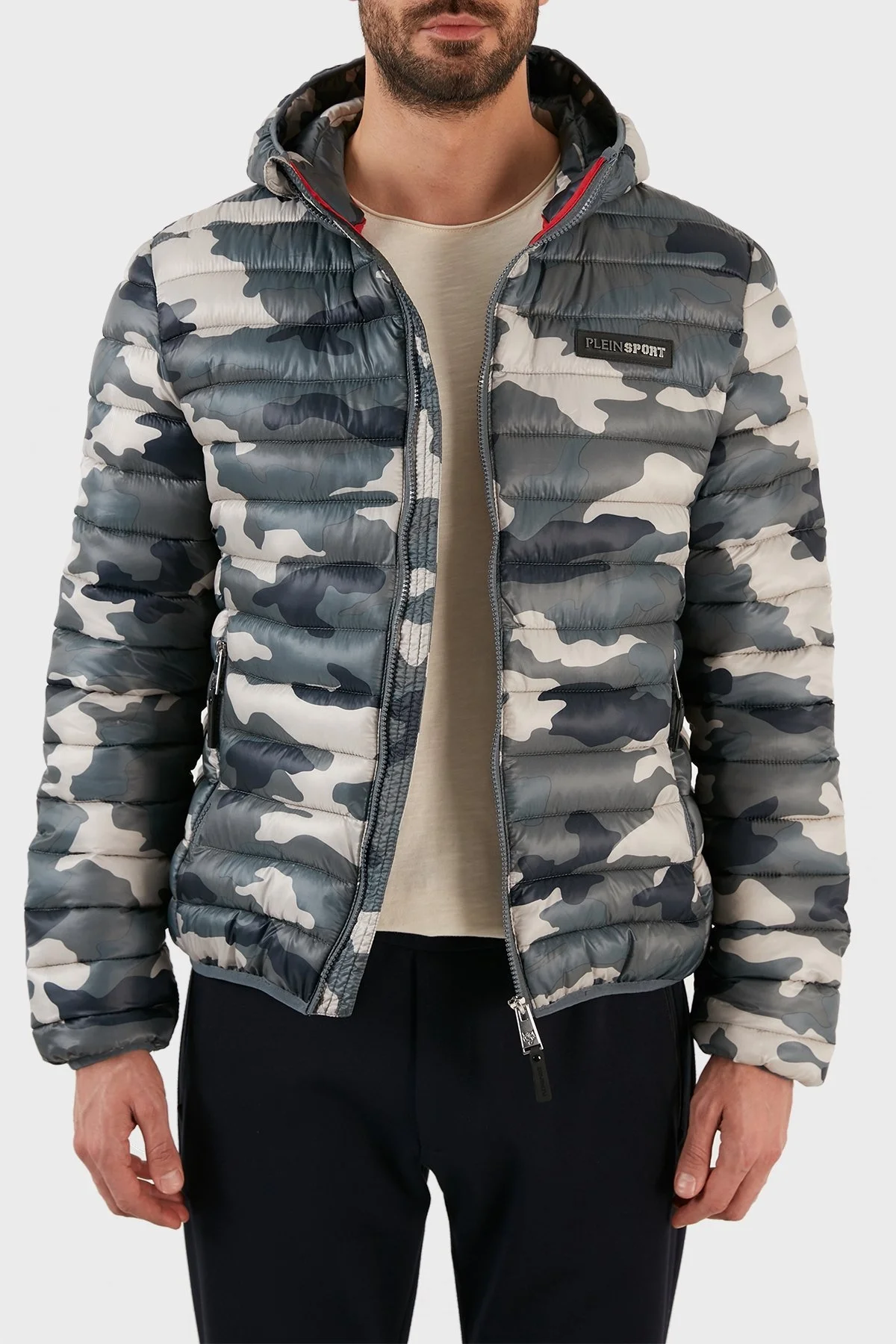 Plein Sport Logolu Kamuflaj Desenli Yalıtımlı Kapüşonlu Erkek Mont UPPS10332 KAMUFLAJ-HAKI - 6
