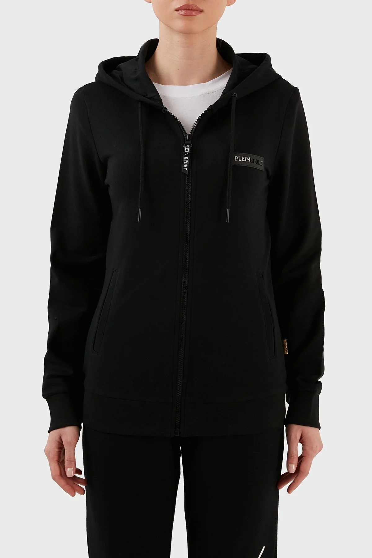 Plein Sport Logolu Kapüşonlu Fermuarlı Dar Kesim Pamuklu Bayan Eşofman Takımı DTKPS000681 SİYAH - 2