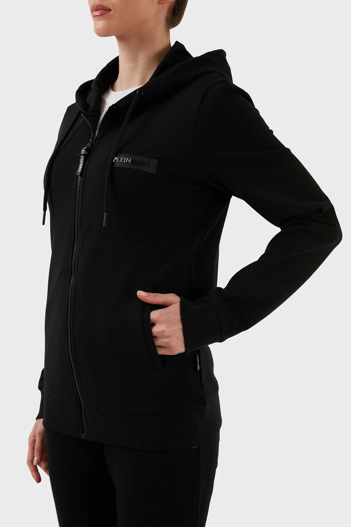 Plein Sport Logolu Kapüşonlu Fermuarlı Dar Kesim Pamuklu Bayan Eşofman Takımı DTKPS000681 SİYAH - 3