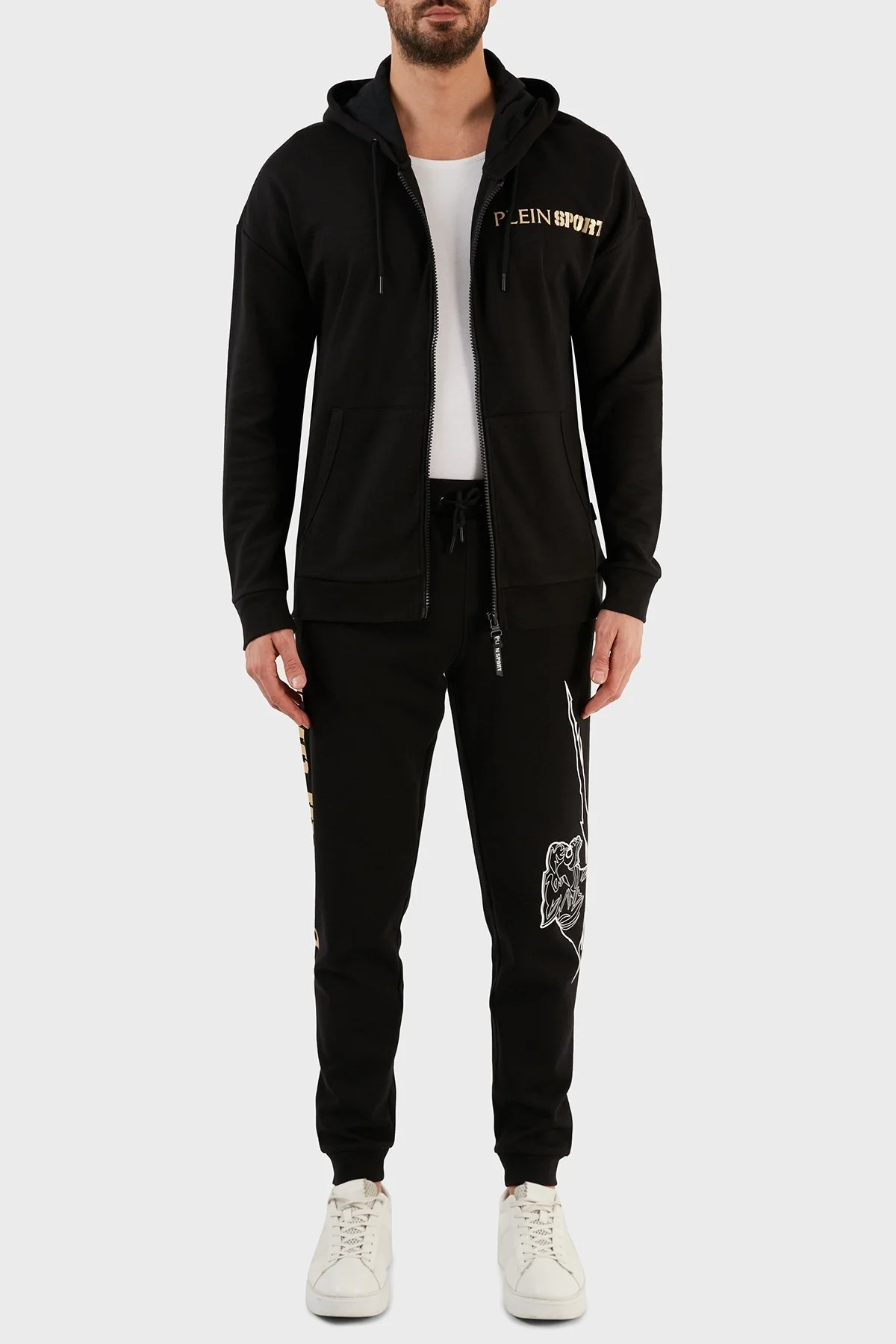 Plein Sport Pamuklu Baskılı Fermuarlı Kapüşonlu Erkek Eşofman Takımı TKPS001498 SİYAH - 1