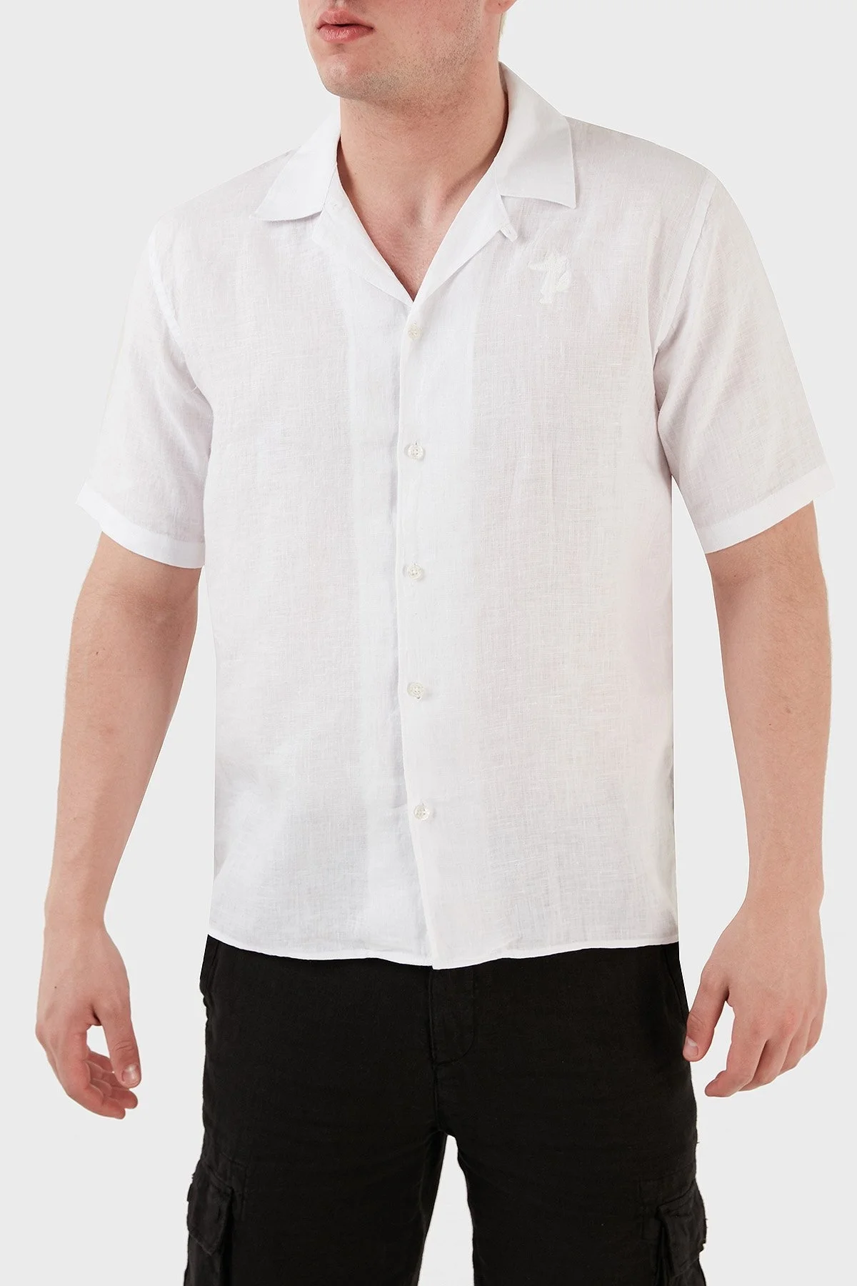 Ruck & Maul Apaş Yaka Kısa Kollu % 100 Keten Erkek Gömlek RMM02D000008 BEYAZ - 6