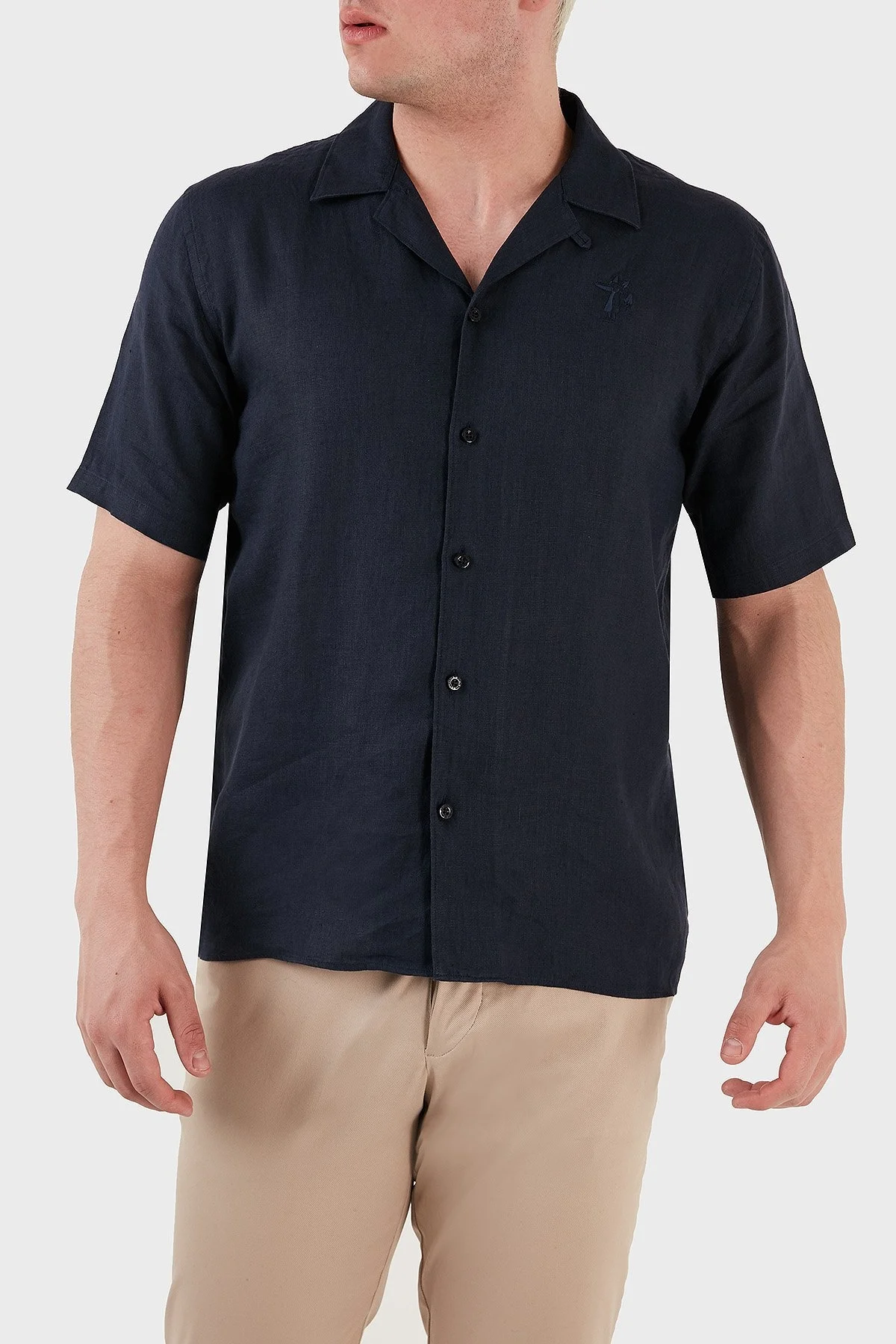 Ruck & Maul Apaş Yaka Kısa Kollu % 100 Keten Erkek Gömlek RMM02D000008 LACİVERT - 1