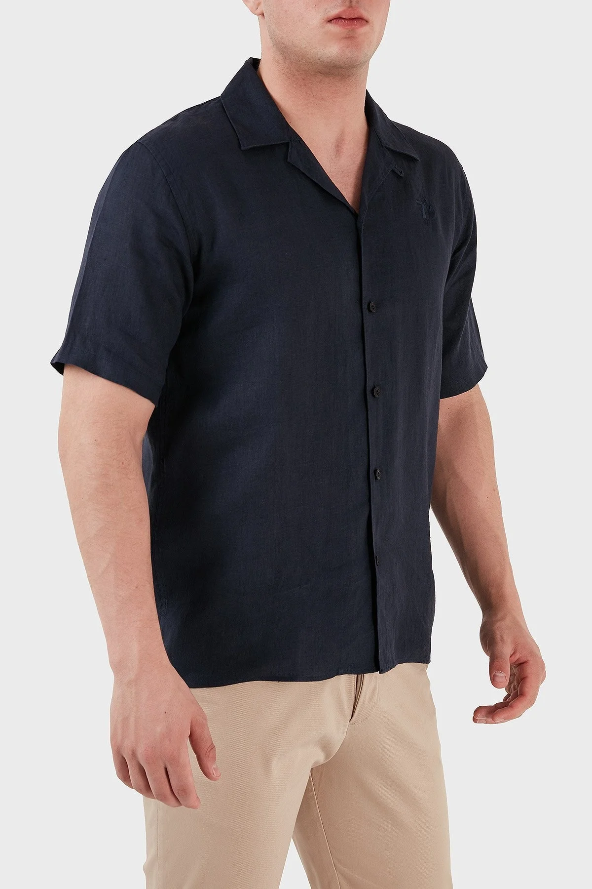 Ruck & Maul Apaş Yaka Kısa Kollu % 100 Keten Erkek Gömlek RMM02D000008 LACİVERT - 2