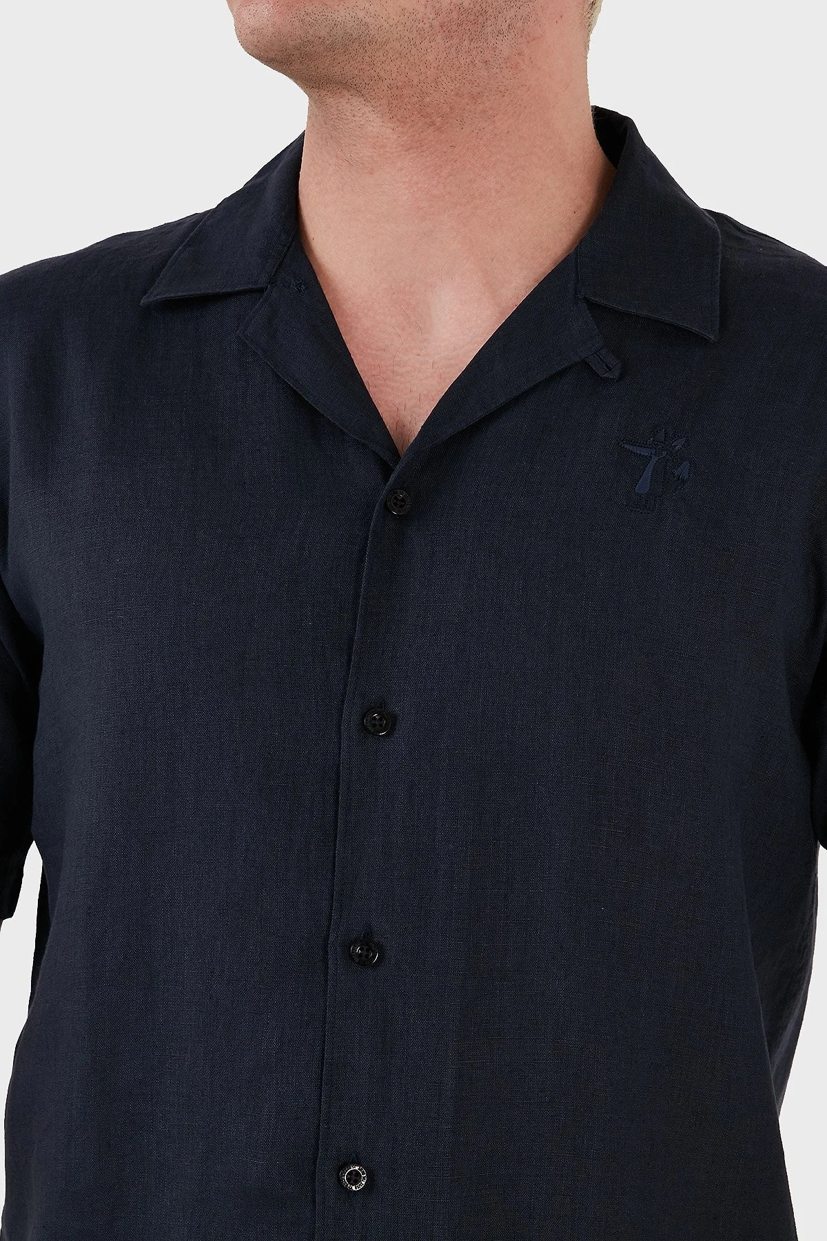 Ruck & Maul Apaş Yaka Kısa Kollu % 100 Keten Erkek Gömlek RMM02D000008 LACİVERT - 3