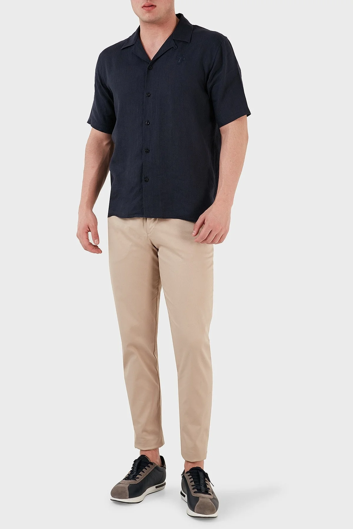 Ruck & Maul Apaş Yaka Kısa Kollu % 100 Keten Erkek Gömlek RMM02D000008 LACİVERT - 4