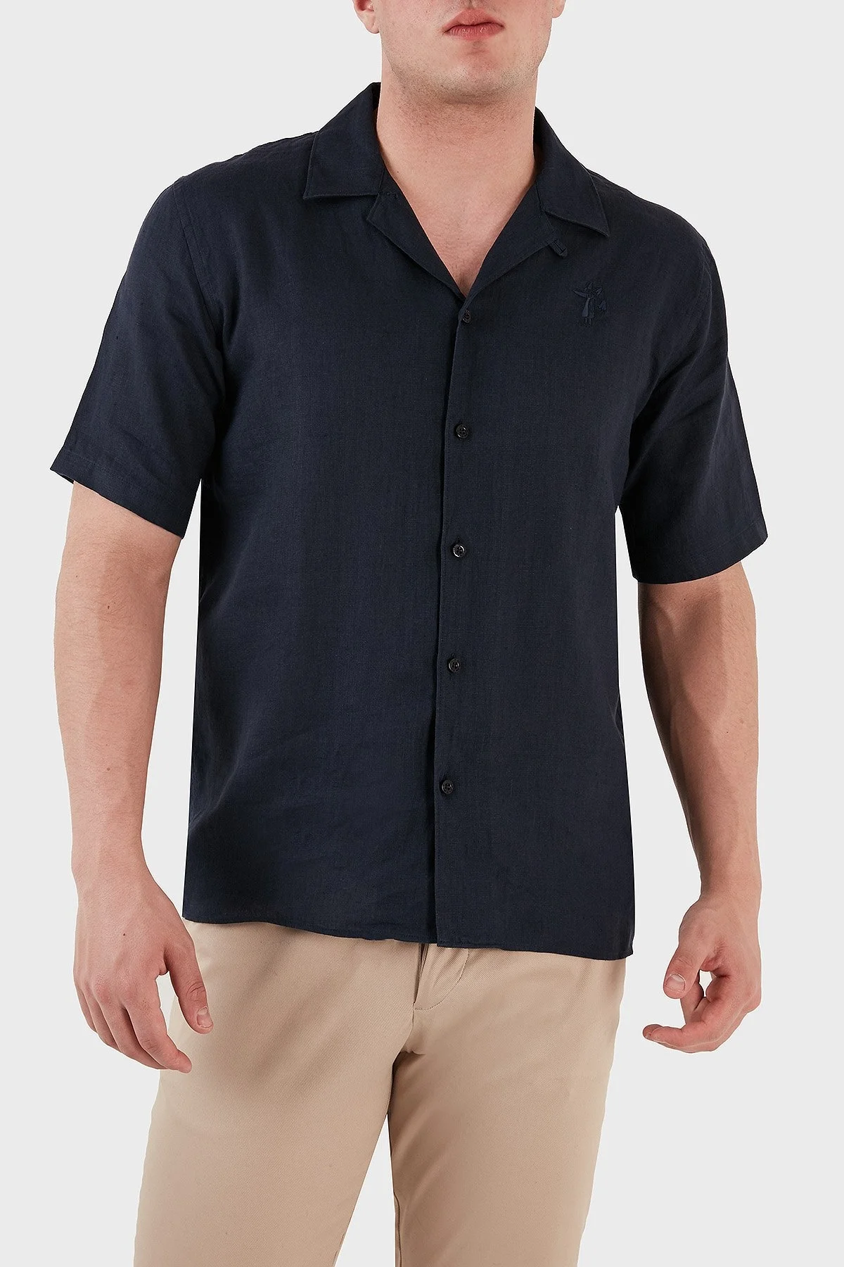 Ruck & Maul Apaş Yaka Kısa Kollu % 100 Keten Erkek Gömlek RMM02D000008 LACİVERT - 6