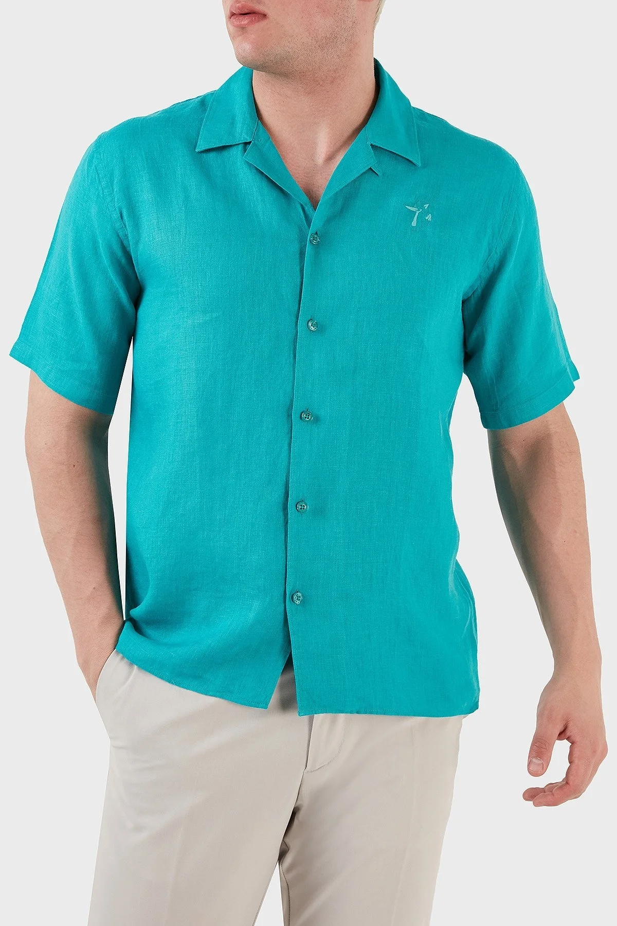 Ruck & Maul Apaş Yaka Kısa Kollu % 100 Keten Erkek Gömlek RMM02D000008 TURKUAZ - 1
