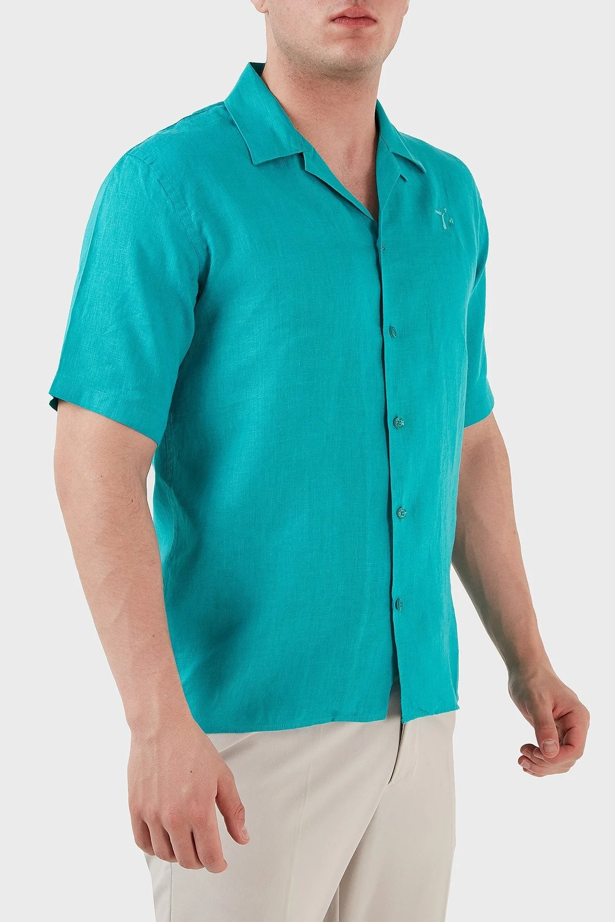 Ruck & Maul Apaş Yaka Kısa Kollu % 100 Keten Erkek Gömlek RMM02D000008 TURKUAZ - 2