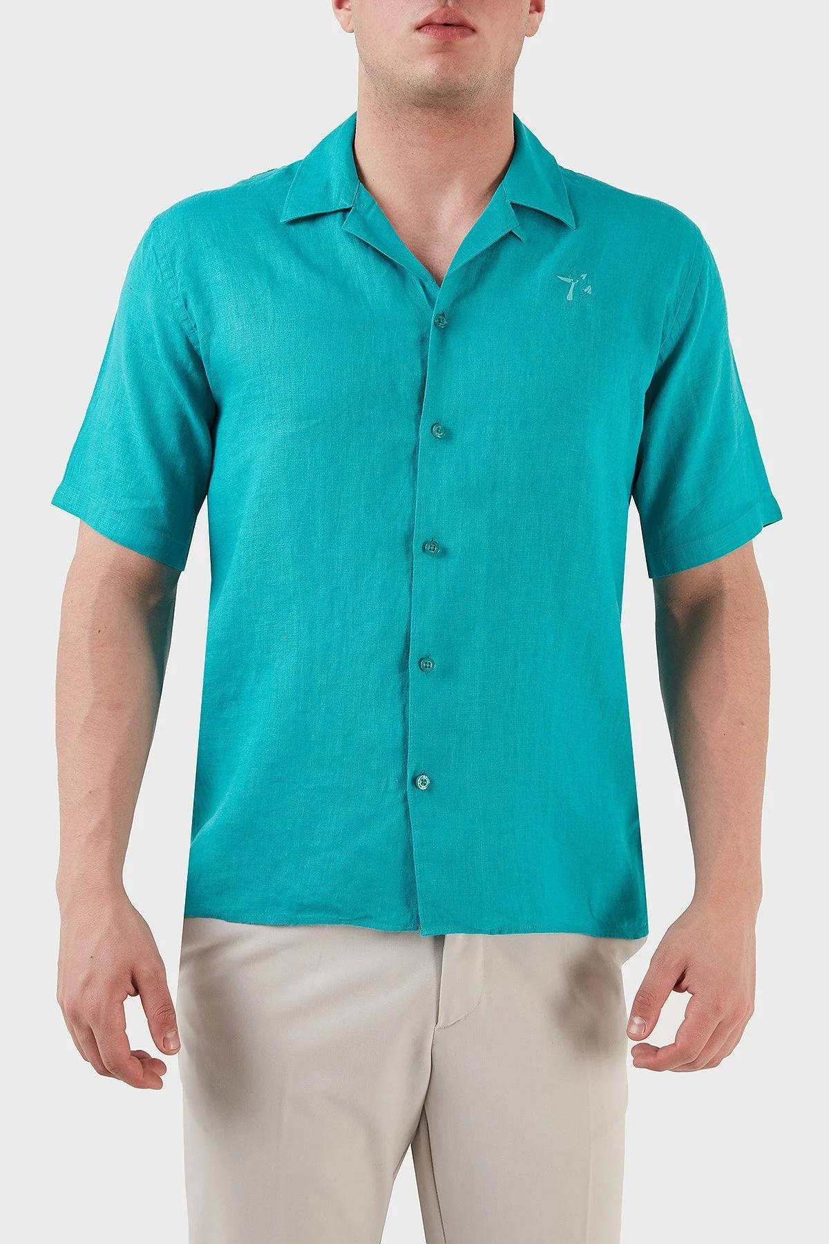 Ruck & Maul Apaş Yaka Kısa Kollu % 100 Keten Erkek Gömlek RMM02D000008 TURKUAZ - 3