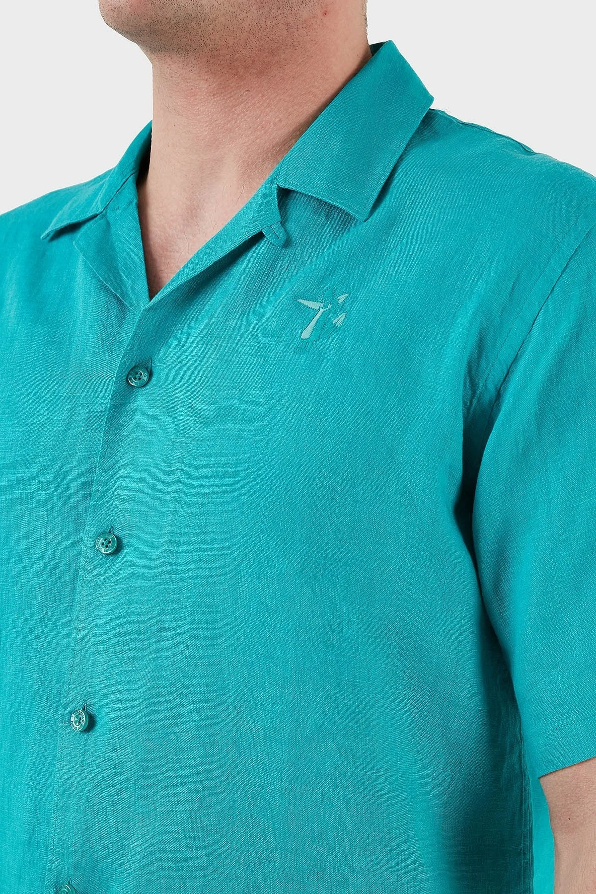 Ruck & Maul Apaş Yaka Kısa Kollu % 100 Keten Erkek Gömlek RMM02D000008 TURKUAZ - 4