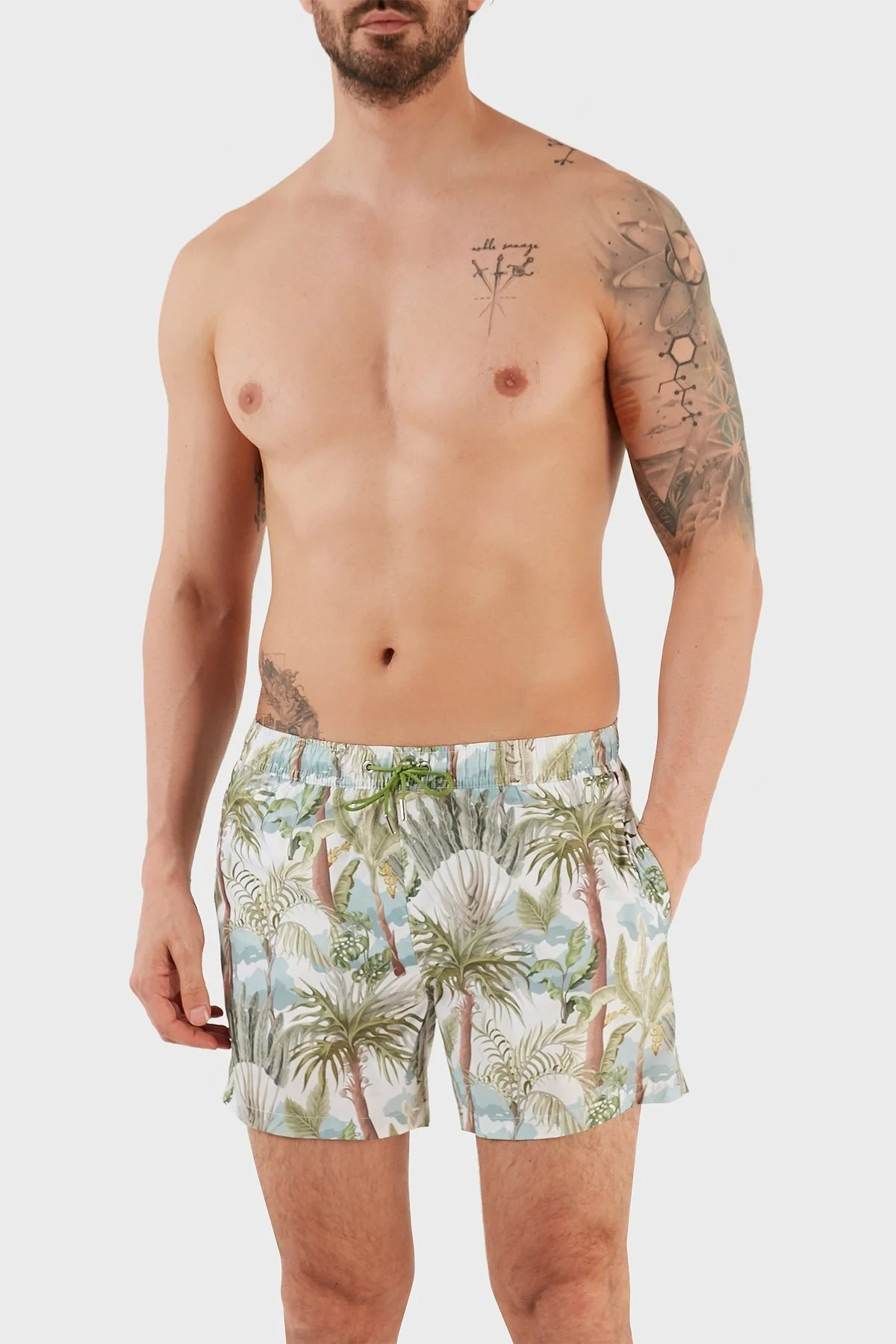 Ruck & Maul Desenli Deniz Şortu Belden Bağlamalı Cepli Erkek Mayo Short RMM465000008 23513 YEŞİL-MAVİ - 1