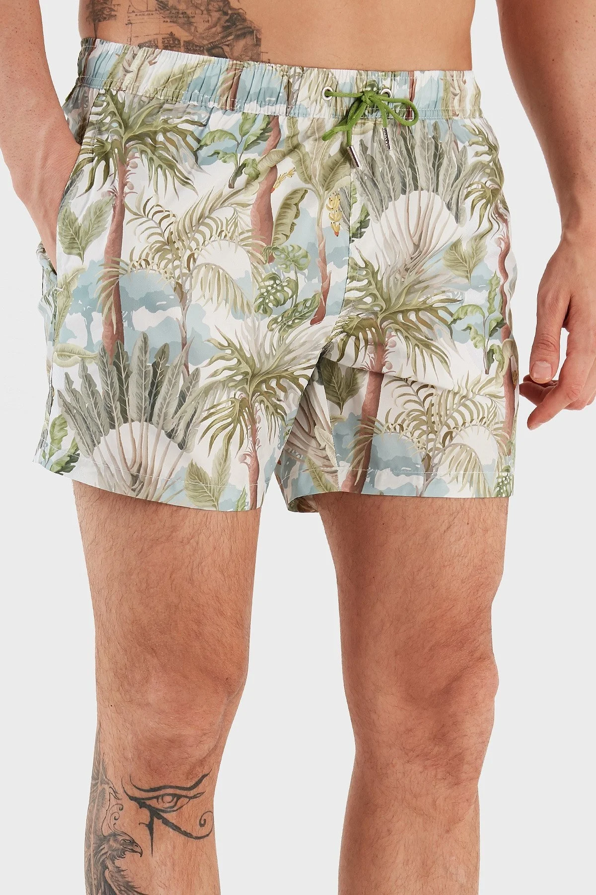 Ruck & Maul Desenli Deniz Şortu Belden Bağlamalı Cepli Erkek Mayo Short RMM465000008 23513 YEŞİL-MAVİ - 4