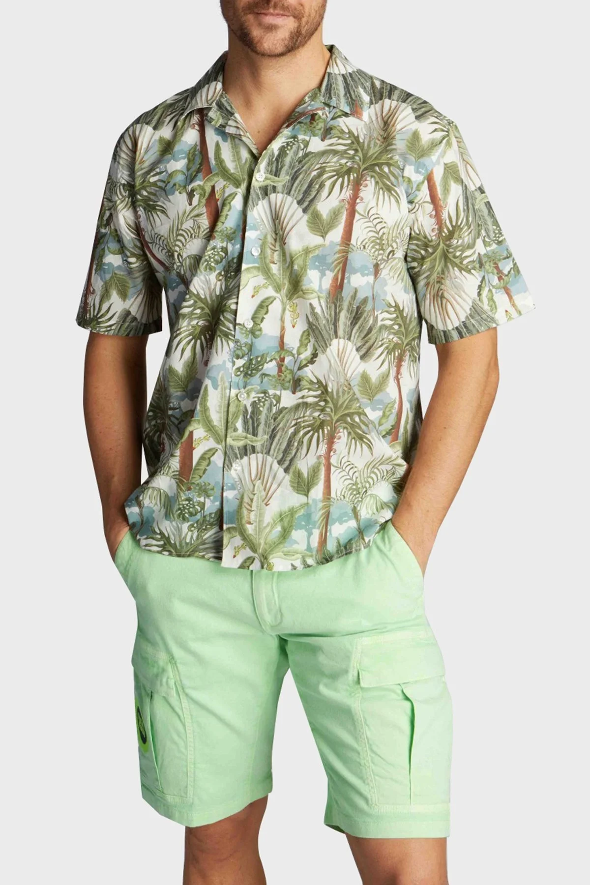 Ruck & Maul Desenli Kısa Kollu Apaş Yaka Regular Fit Erkek Gömlek RMM02DS00004 23512 YEŞİL-MAVİ - 1