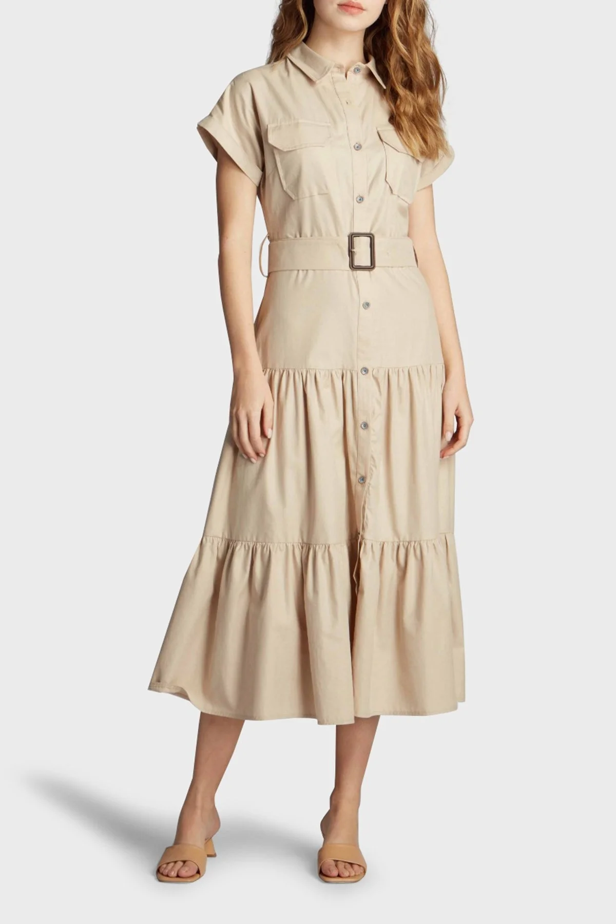 Ruck & Maul Kemerli Gömlek Yaka Regular Fit Bayan Elbise RMW19D000008 23671 BEJ - 1