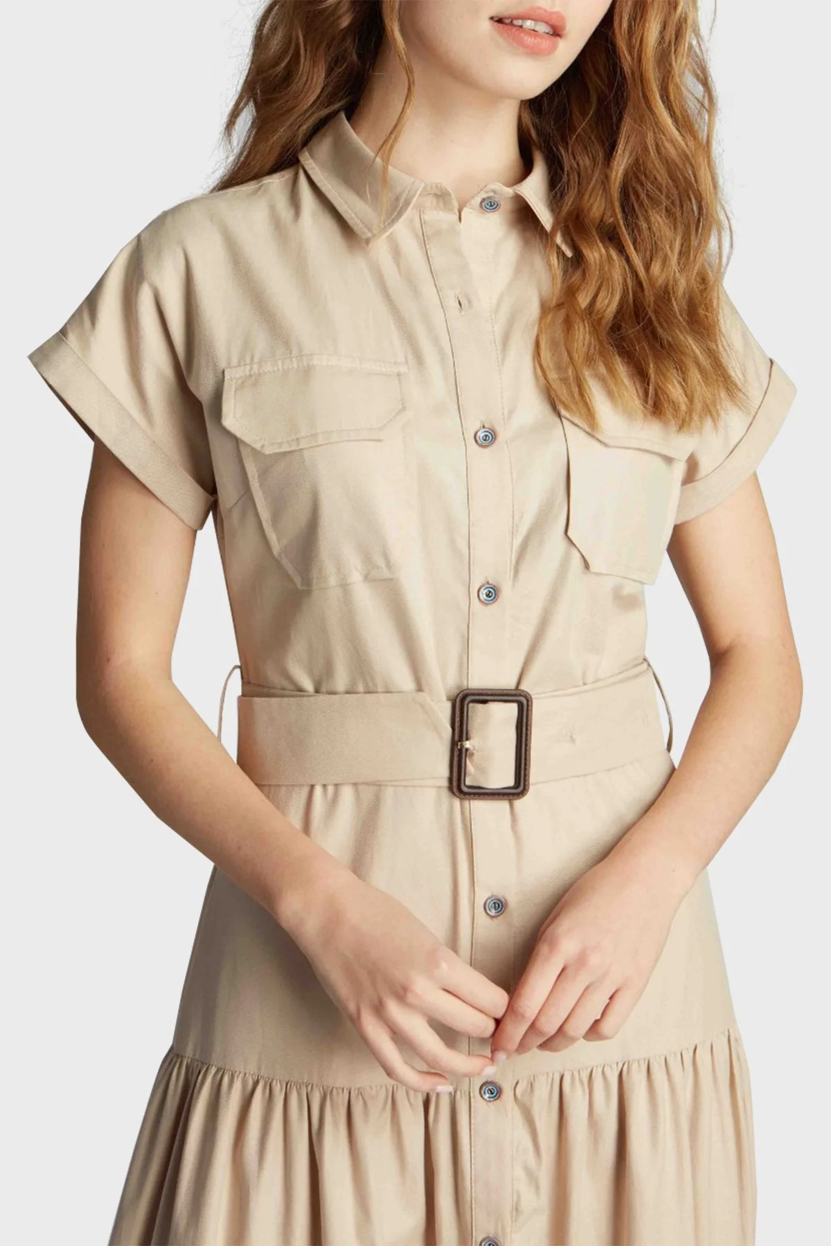 Ruck & Maul Kemerli Gömlek Yaka Regular Fit Bayan Elbise RMW19D000008 23671 BEJ - 2