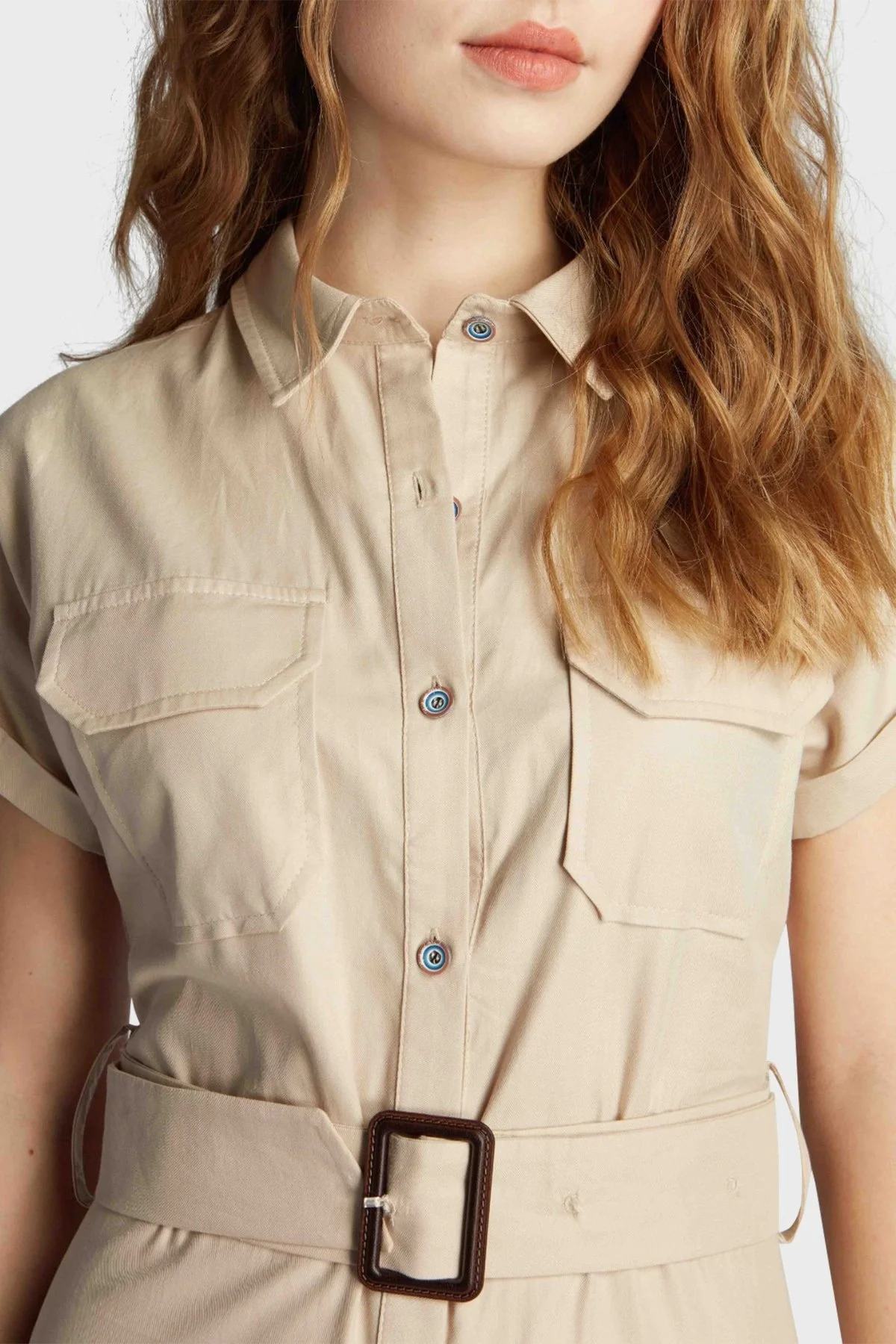 Ruck & Maul Kemerli Gömlek Yaka Regular Fit Bayan Elbise RMW19D000008 23671 BEJ - 3