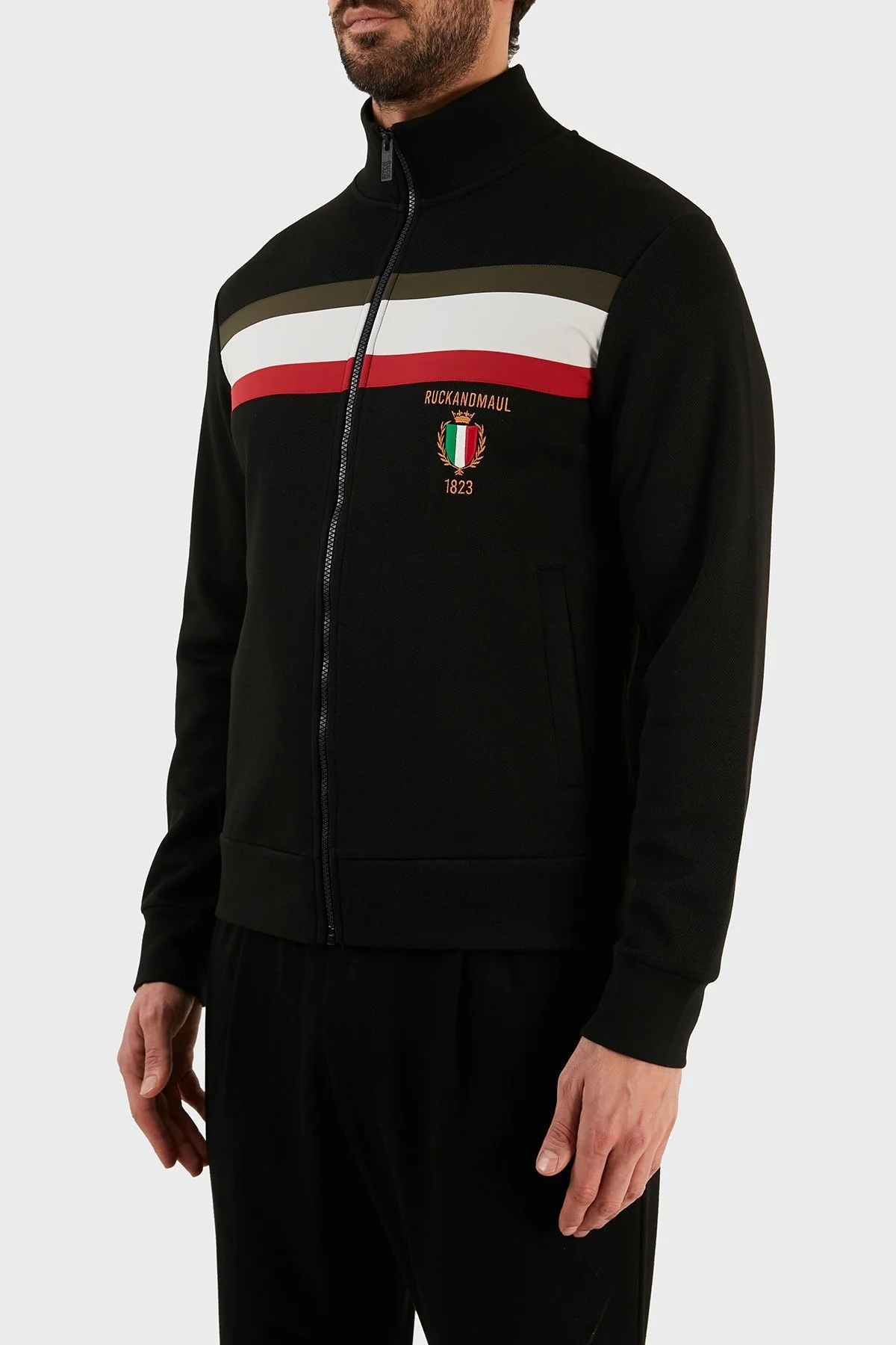 Ruck & Maul Logolu Renk Bloklu Fermuarlı Dik Yaka Cepli Erkek Sweat RMM790007008 21749 SİYAH - 2