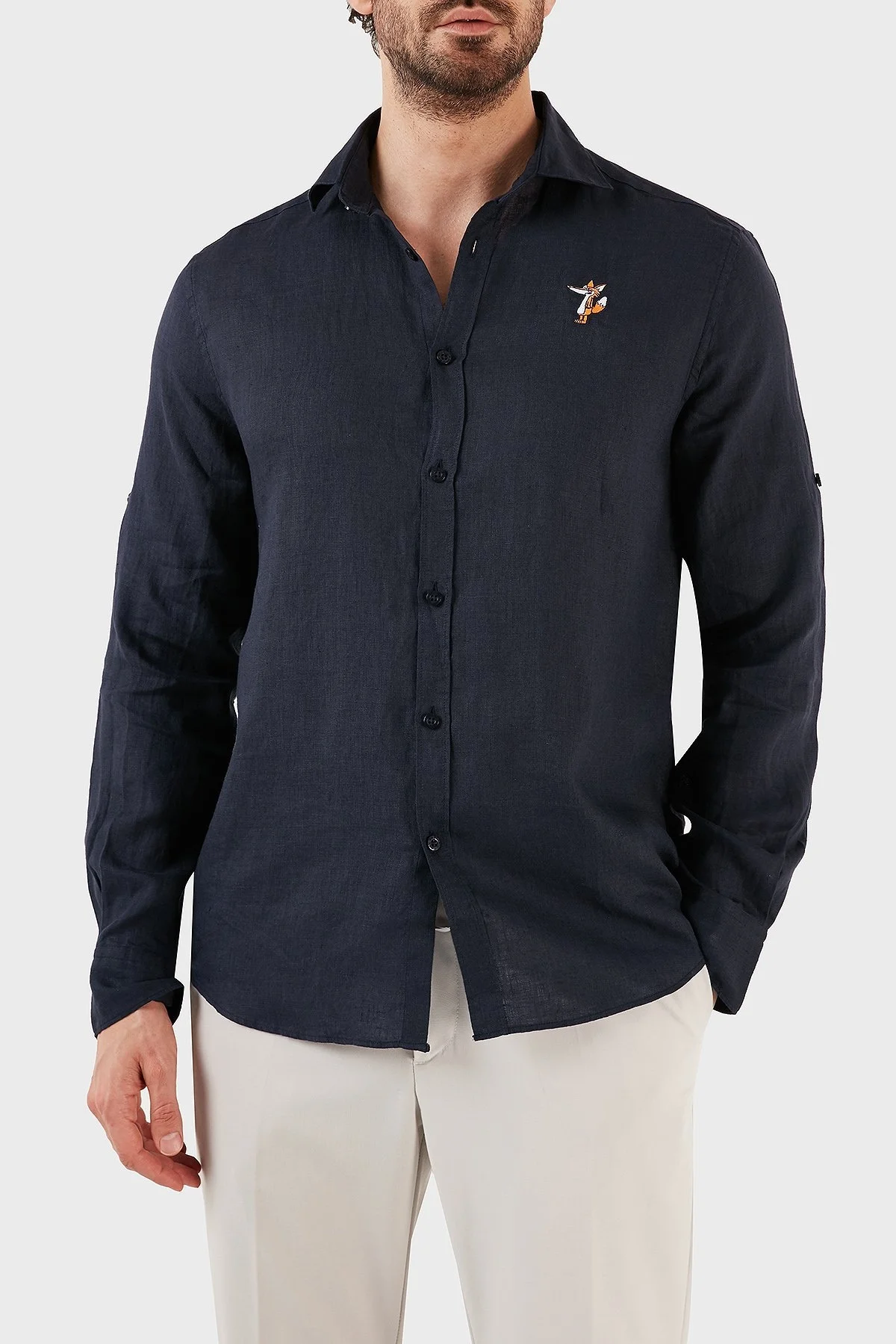 Ruck & Maul Regular Fit Nakış Detaylı Uzun Kollu % 100 Keten Erkek Gömlek RMM027000007 23950 LACİVERT - 1