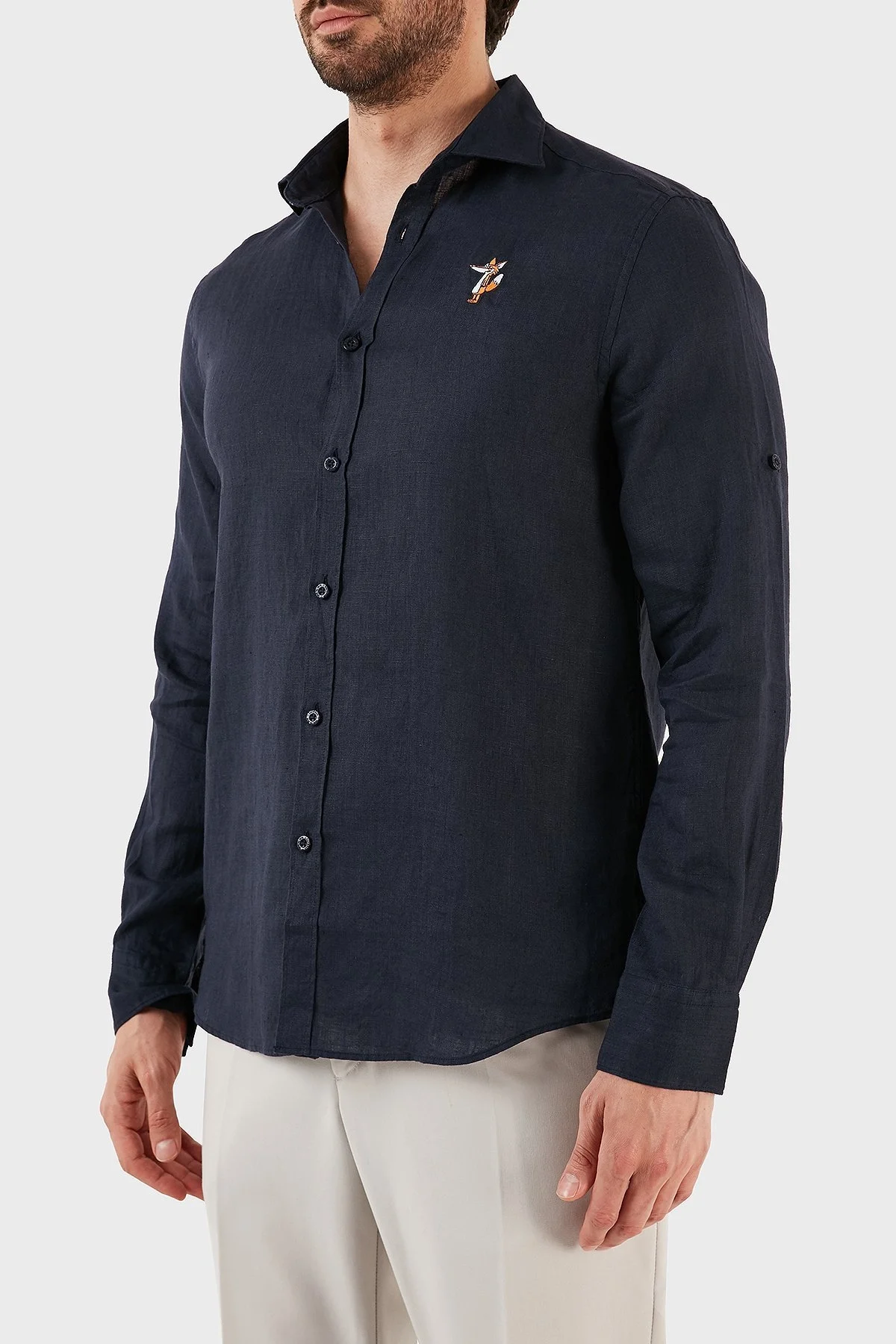 Ruck & Maul Regular Fit Nakış Detaylı Uzun Kollu % 100 Keten Erkek Gömlek RMM027000007 23950 LACİVERT - 2