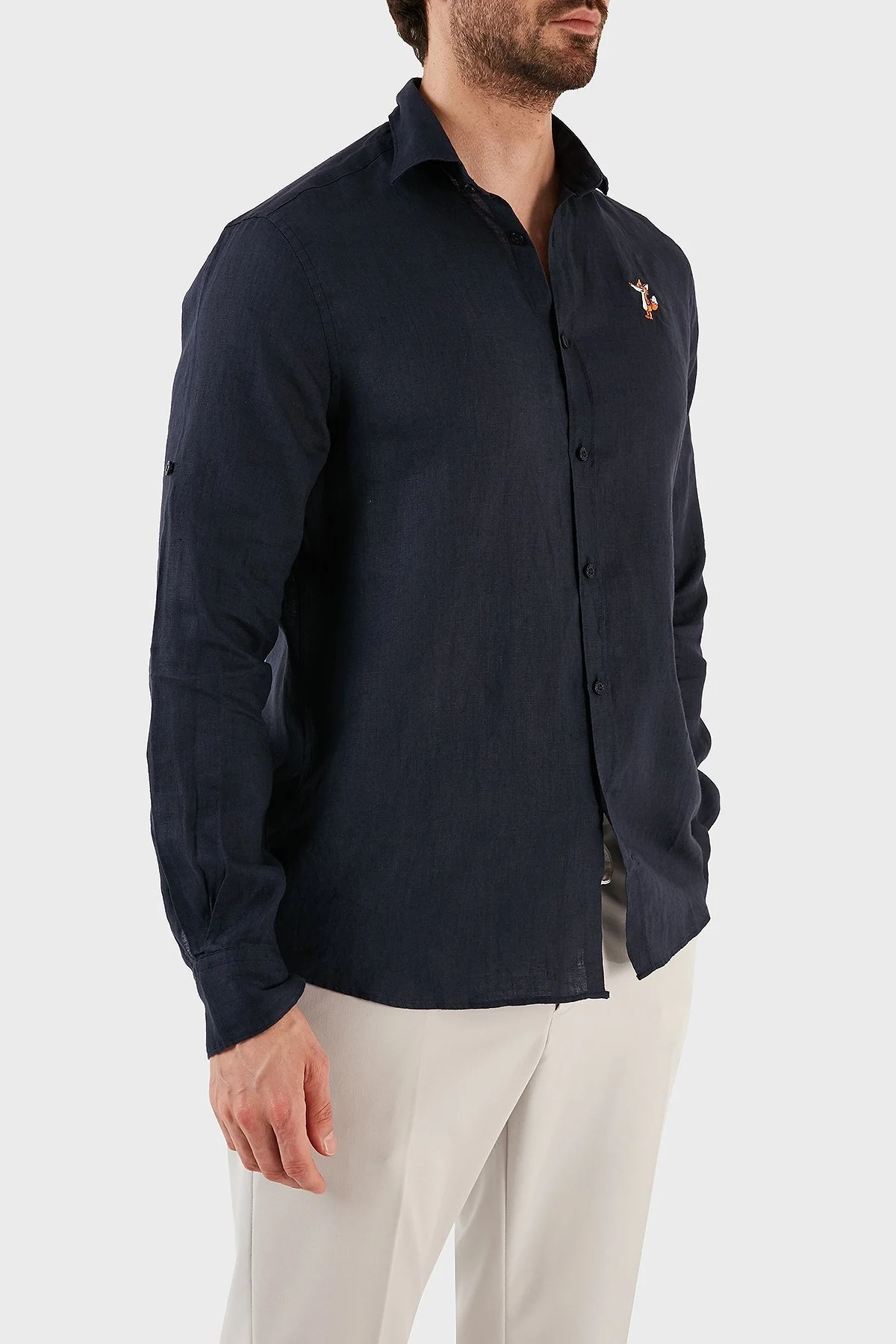 Ruck & Maul Regular Fit Nakış Detaylı Uzun Kollu % 100 Keten Erkek Gömlek RMM027000007 23950 LACİVERT - 3