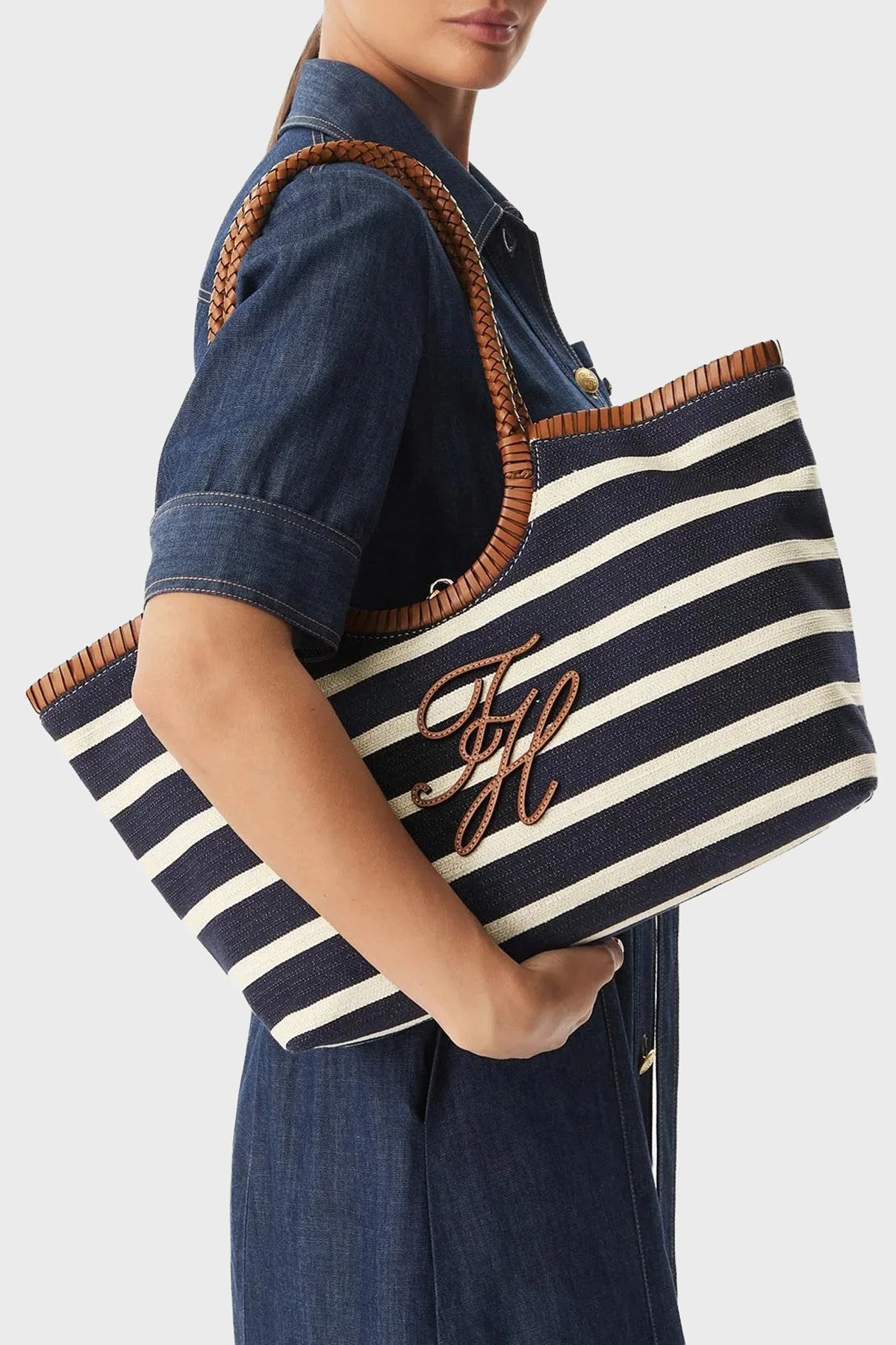 Tommy Hilfige rÇizgili Dokulu Logolu Omuz Askılı Tote Kadın Çanta AW0AW18400 0GY LACİVERT-BEYAZ - 2