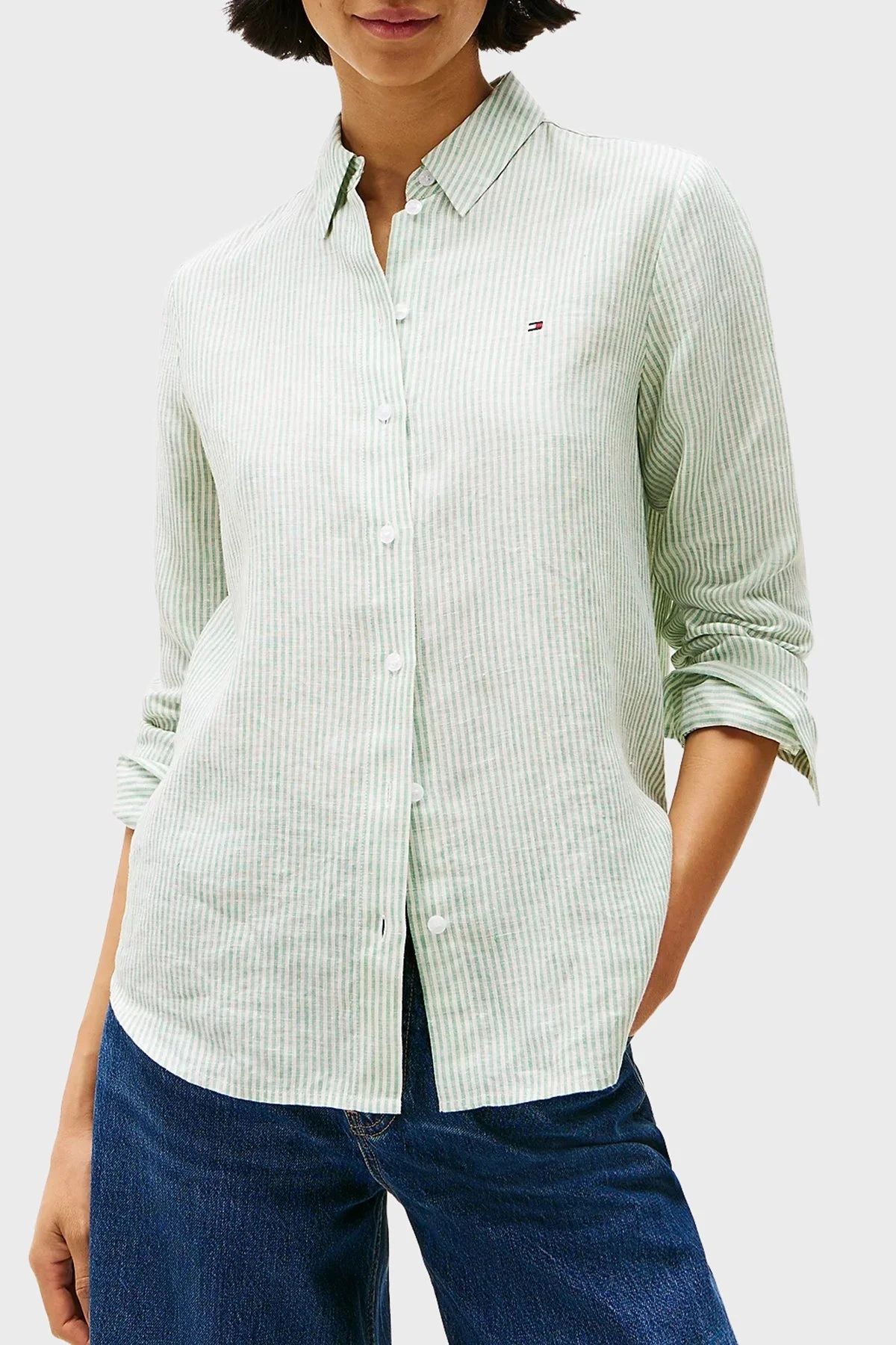 Tommy Hilfiger % 100 Keten Regular Fit Düz Yaka Bayan Gömlek WW0WW44679 0CF AÇIK YEŞİL - 6