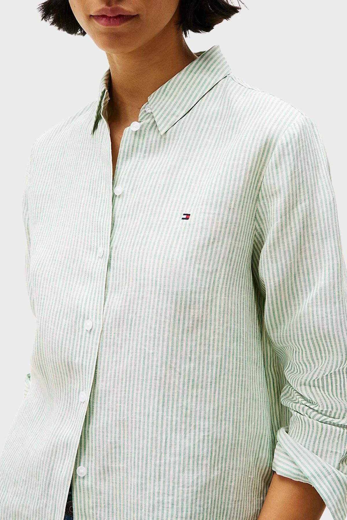 Tommy Hilfiger % 100 Keten Regular Fit Düz Yaka Bayan Gömlek WW0WW44679 0CF AÇIK YEŞİL - 9