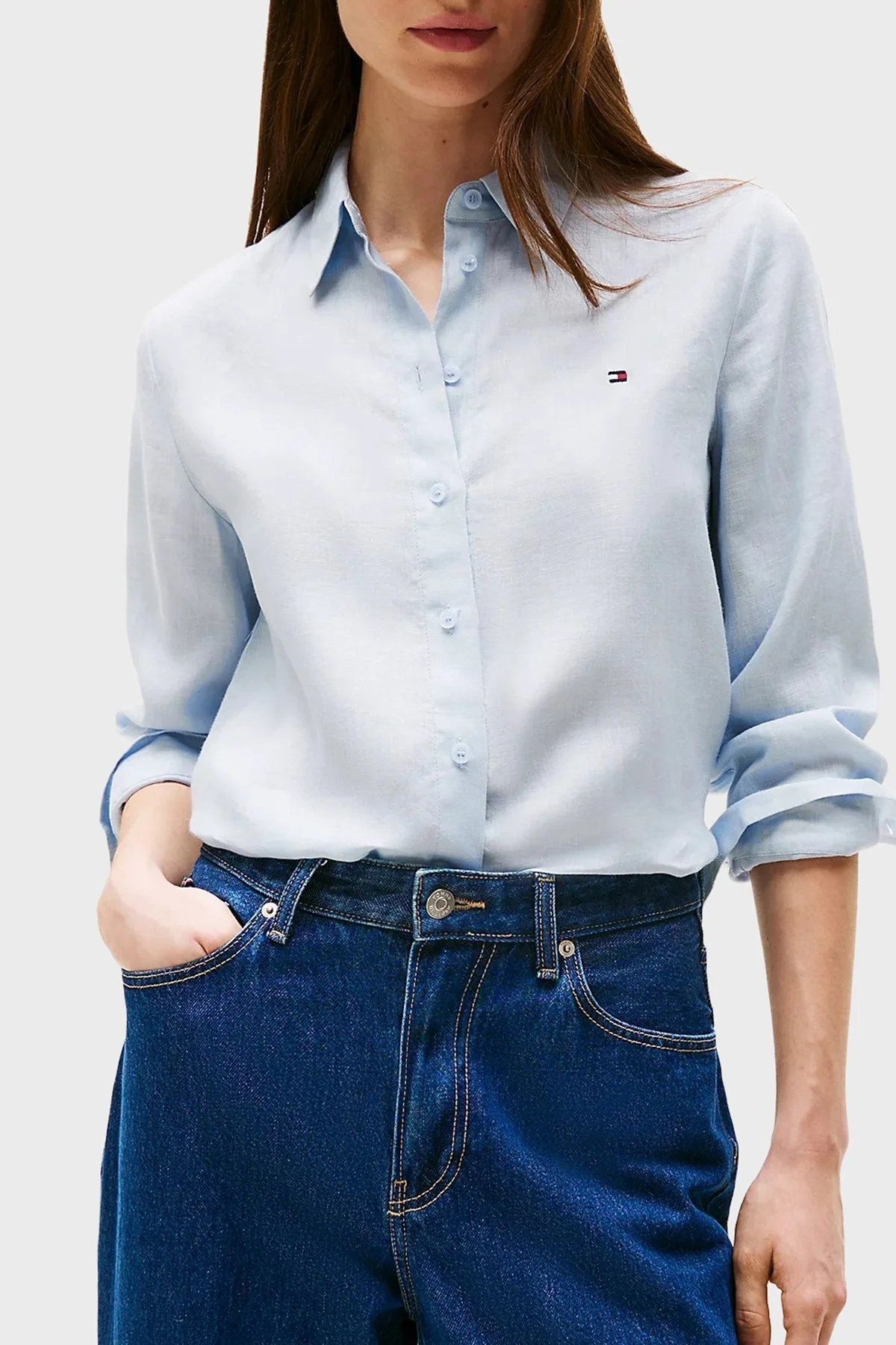 Tommy Hilfiger % 100 Keten Regular Fit Düz Yaka Bayan Gömlek WW0WW44679 C1O AÇIK MAVİ - 5