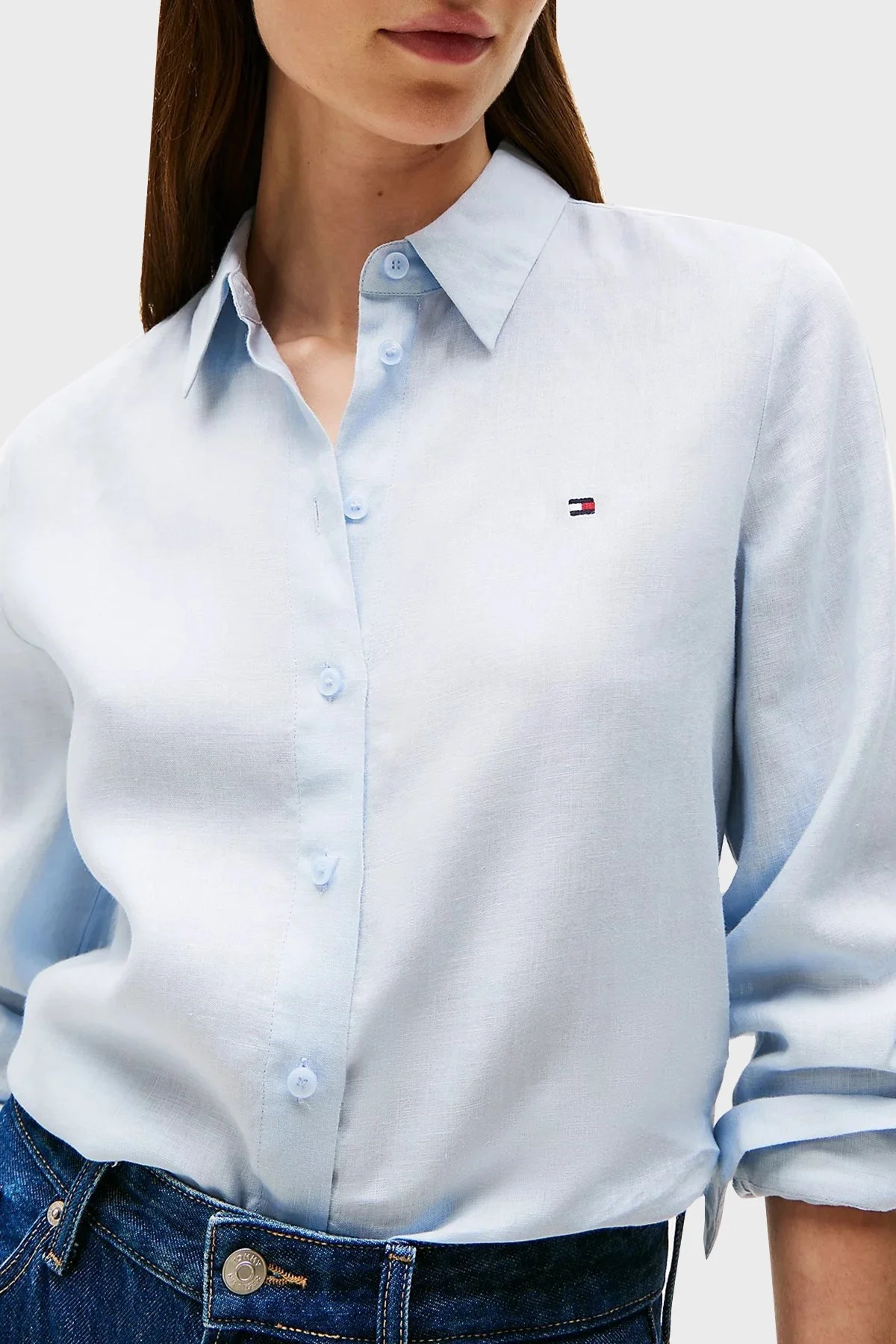 Tommy Hilfiger % 100 Keten Regular Fit Düz Yaka Bayan Gömlek WW0WW44679 C1O AÇIK MAVİ - 6