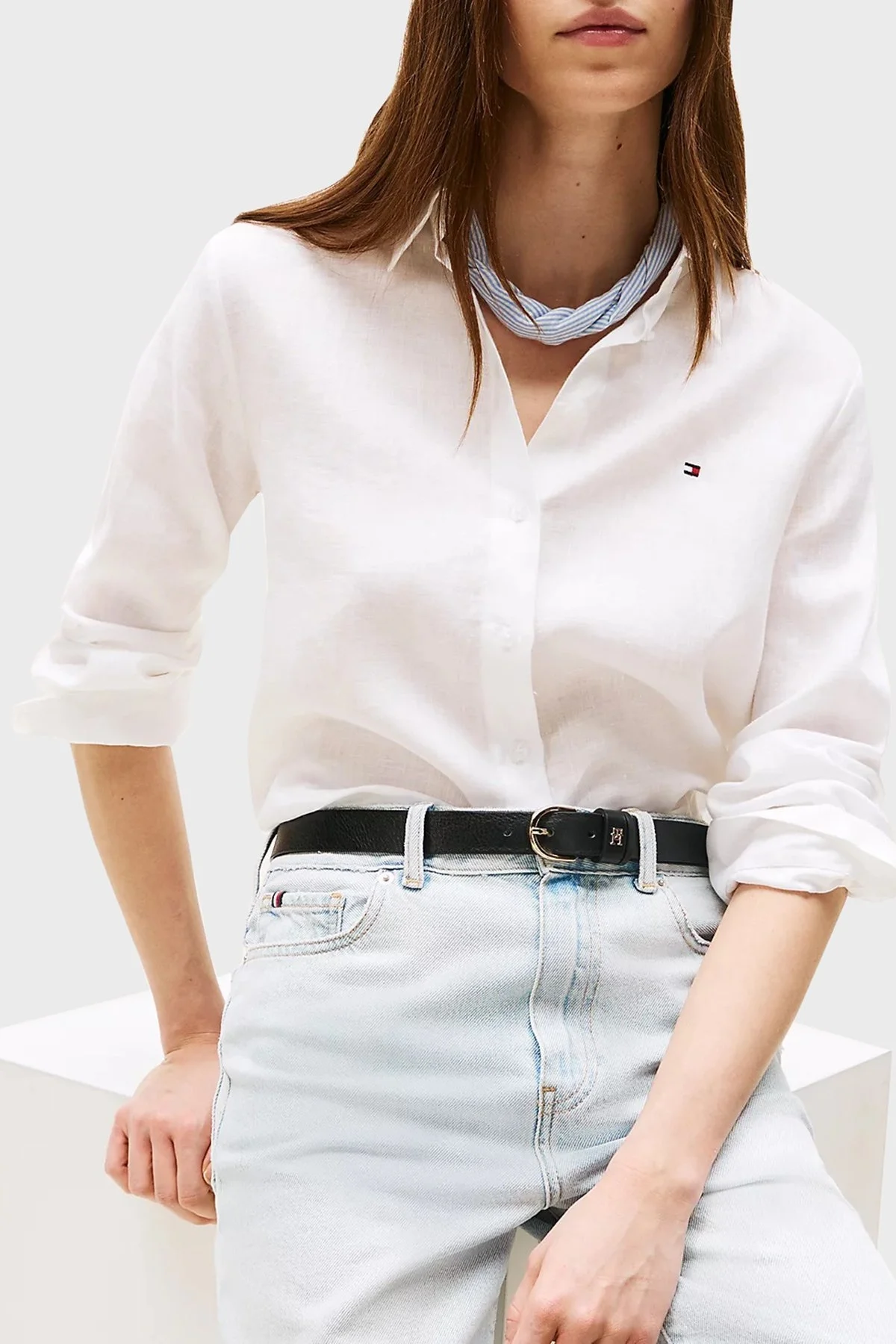 Tommy Hilfiger % 100 Keten Regular Fit Düz Yaka Bayan Gömlek WW0WW44679 YCF BEYAZ - 9