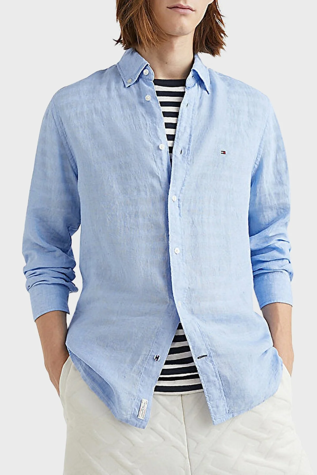 Tommy Hilfiger % 100 Keten Regular Fit Erkek Gömlek MW0MW30897 C1Z MAVİ - 1