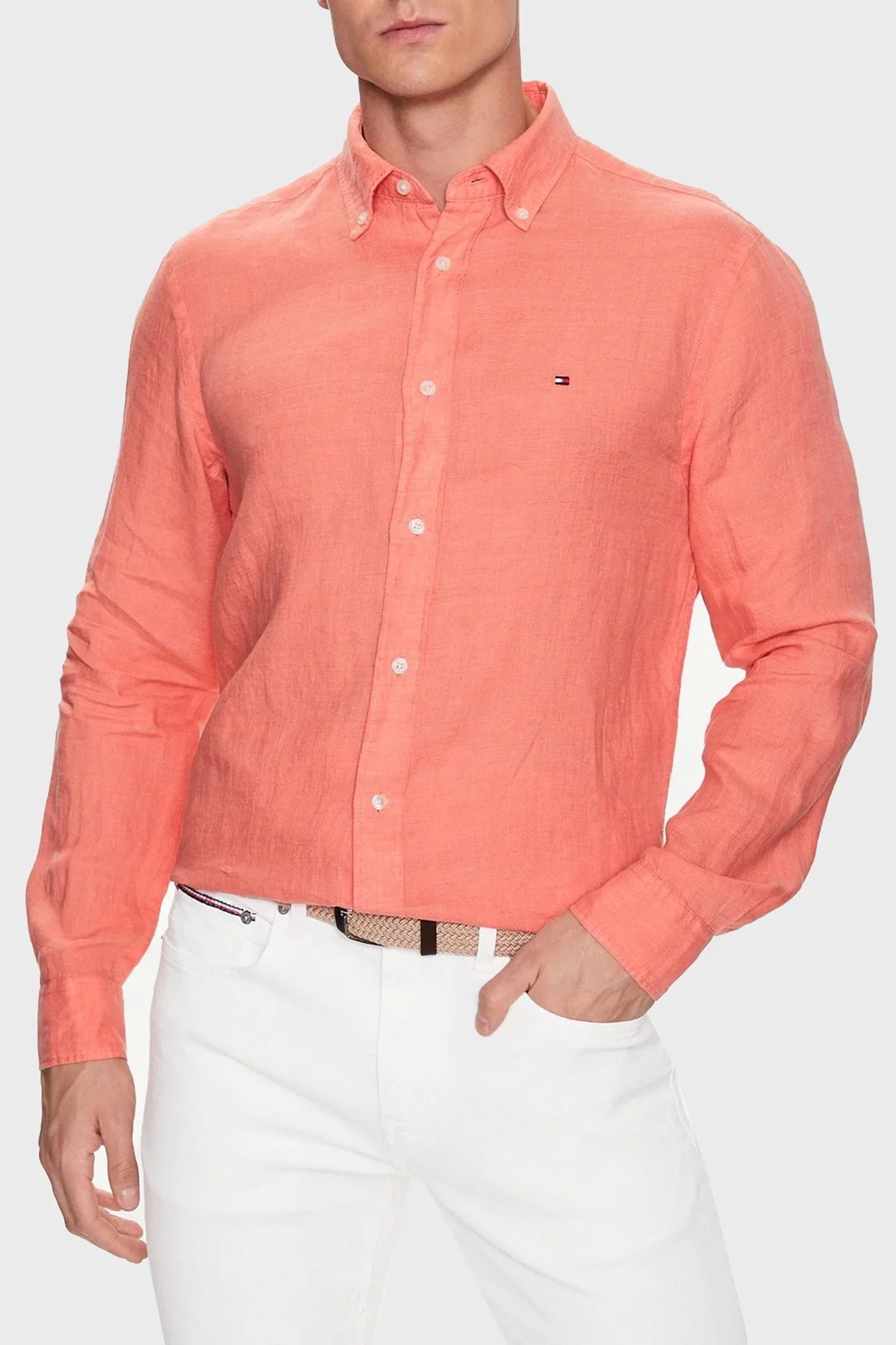 Tommy Hilfiger % 100 Keten Regular Fit Erkek Gömlek MW0MW30897 TKL ŞEFTALİ - 1
