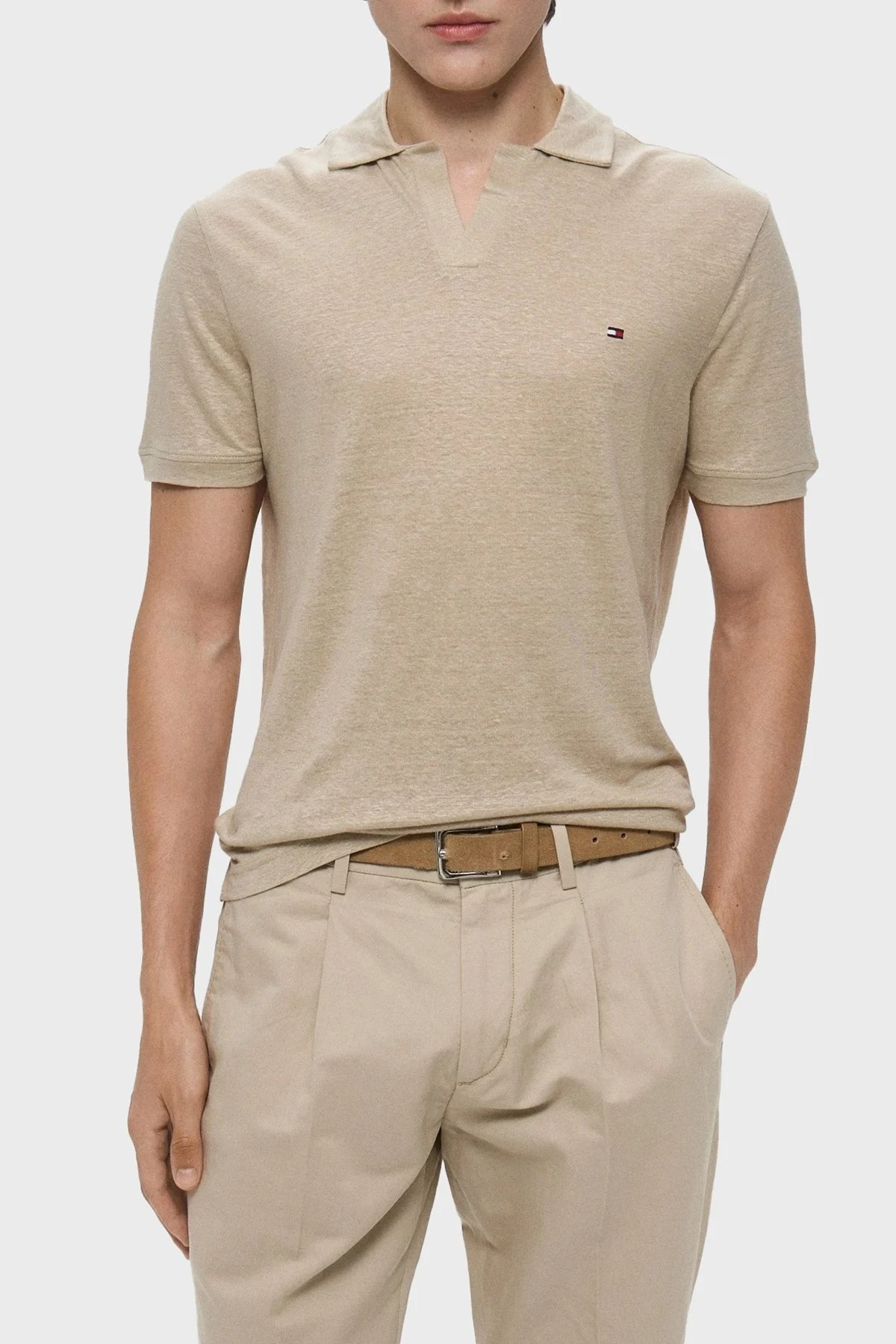 Tommy Hilfiger % 100 Keten Regular Fit Erkek Polo Yaka T Shirt MW0MW38476 RBT KUM - 5