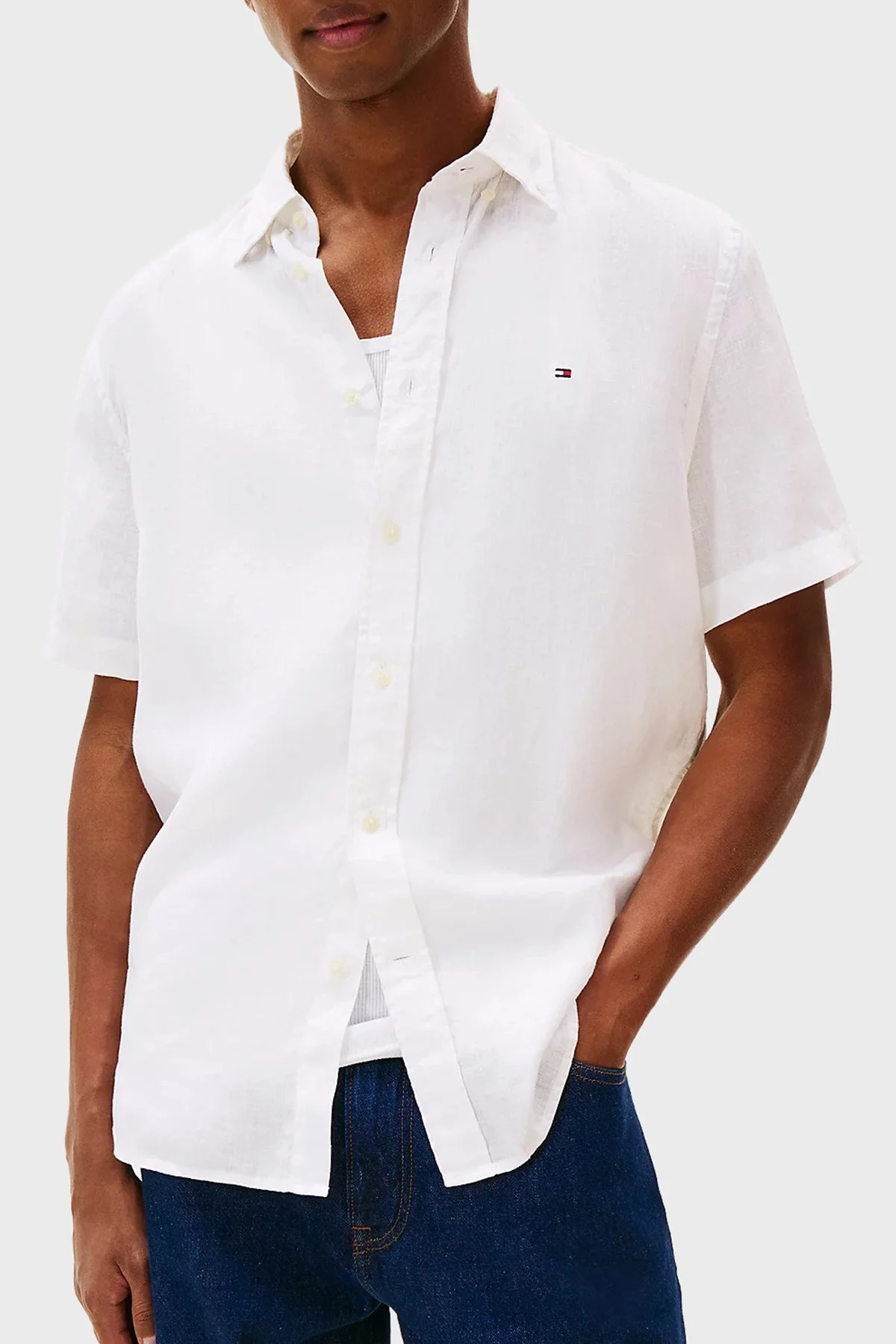 Tommy Hilfiger % 100 Keten Regular Fit Kısa Kollu Erkek Gömlek MW0MW41531 YBR BEYAZ - 1