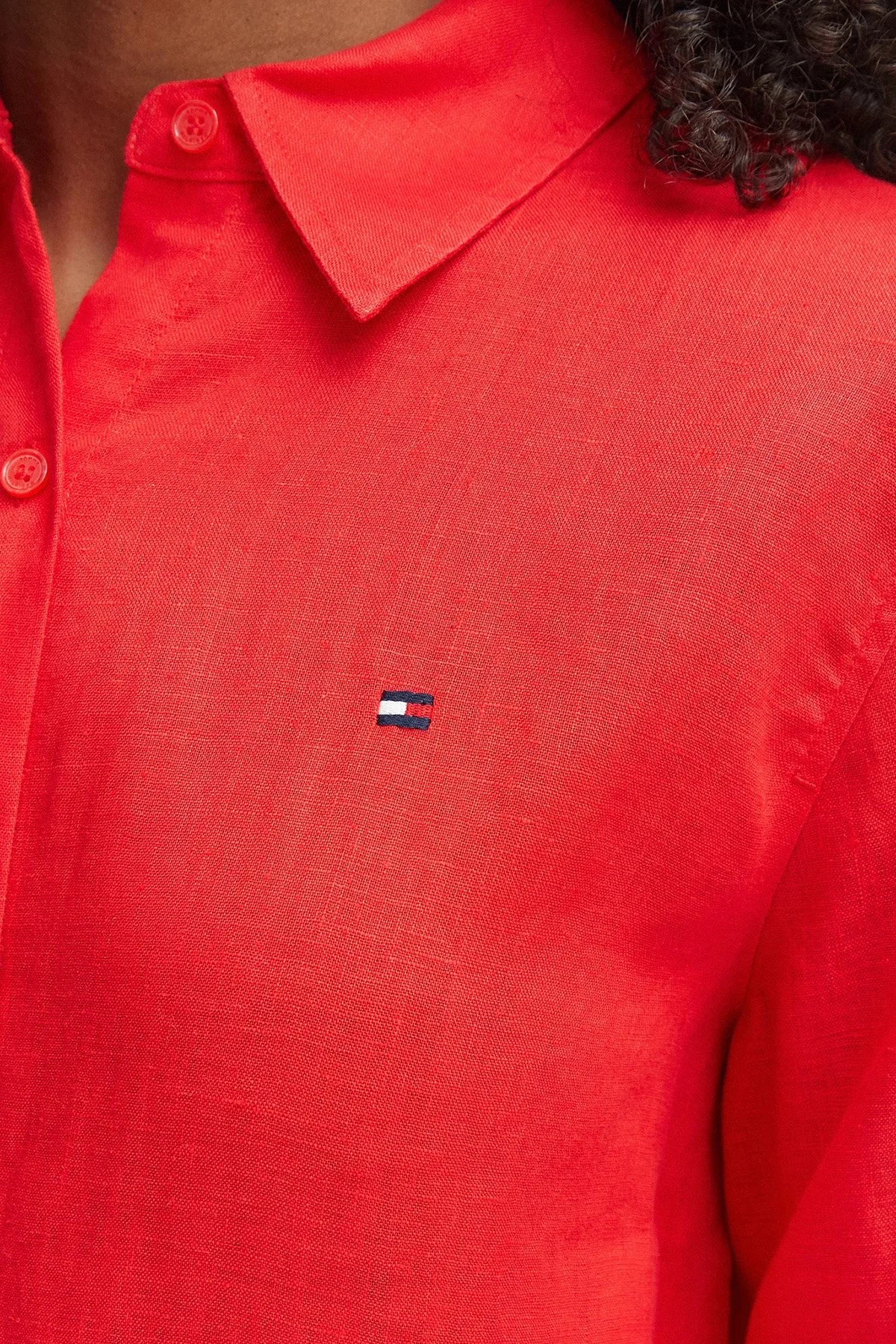 Tommy Hilfiger % 100 Keten Regular Fit Klasik Yaka Kadın Gömlek WW0WW44679 SNE KIRMIZI - 4