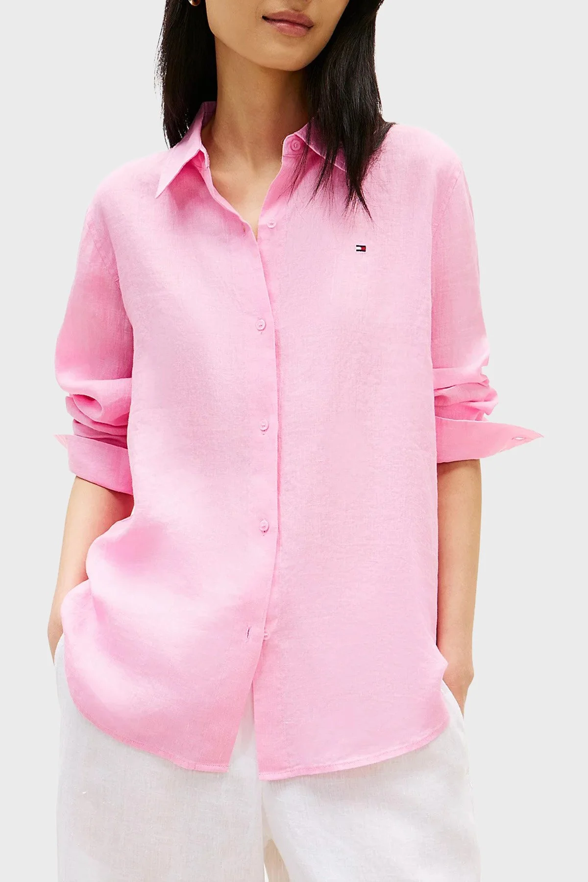 Tommy Hilfiger % 100 Keten Regular Fit Klasik Yaka Kadın Gömlek WW0WW44679 TOR PEMBE - 1