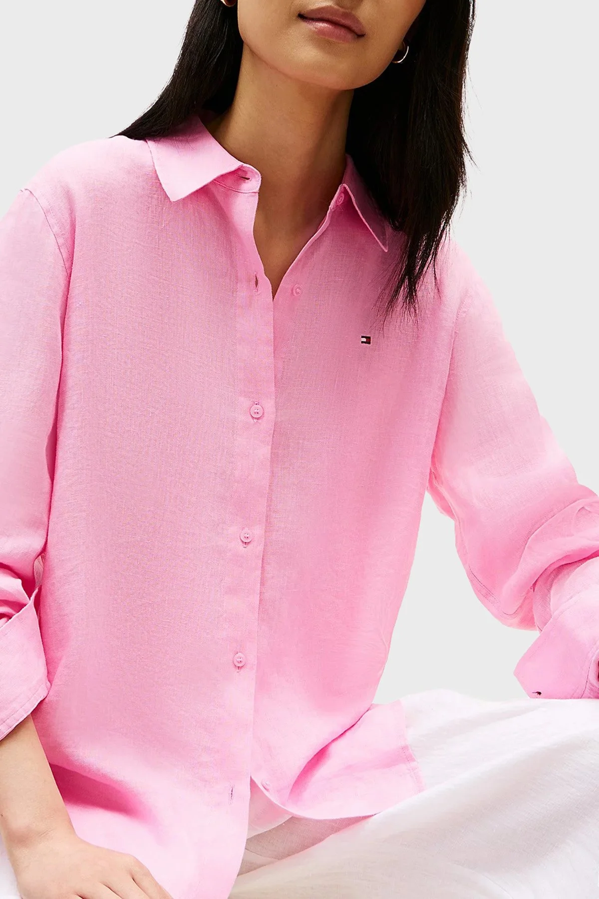 Tommy Hilfiger % 100 Keten Regular Fit Klasik Yaka Kadın Gömlek WW0WW44679 TOR PEMBE - 4