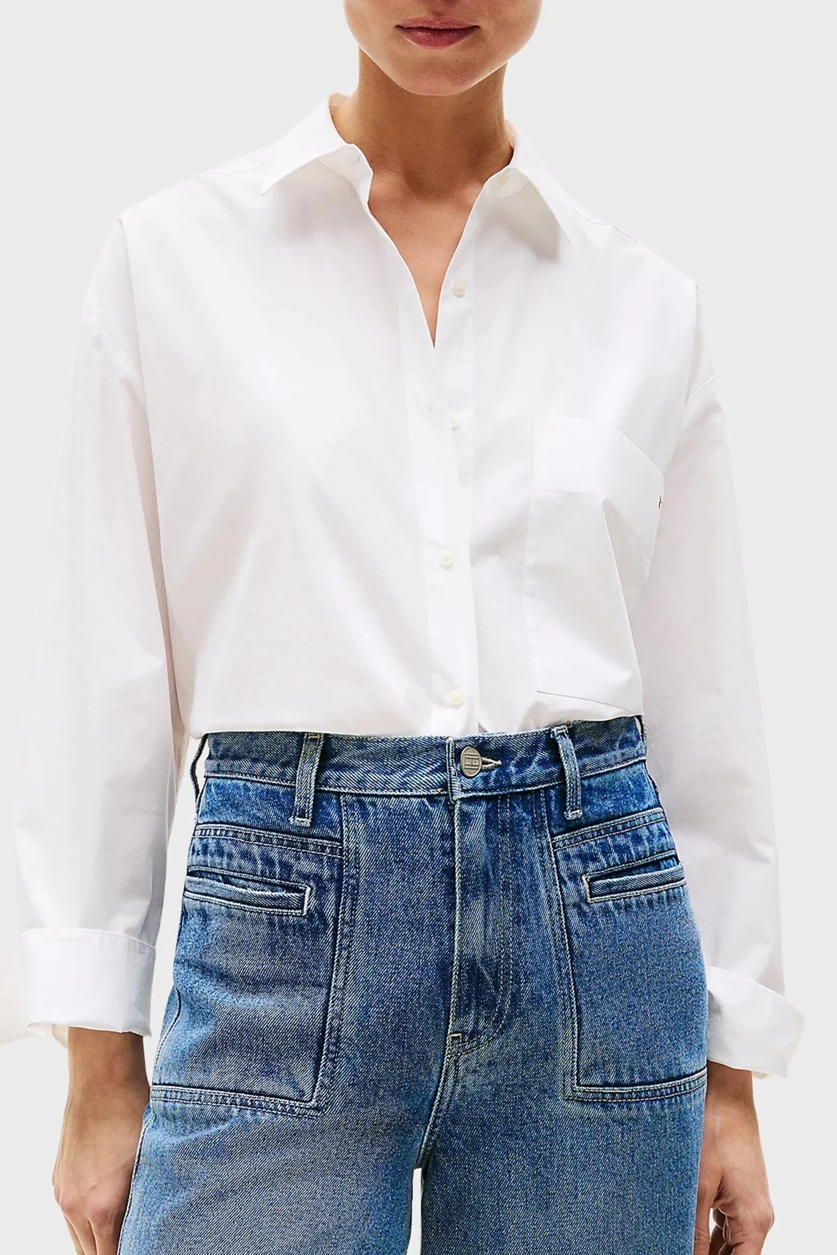 Tommy Hilfiger % 100 Pamuk Oversize Fit Klasik Yaka Bayan Gömlek WW0WW45892 YCF BEYAZ - 1