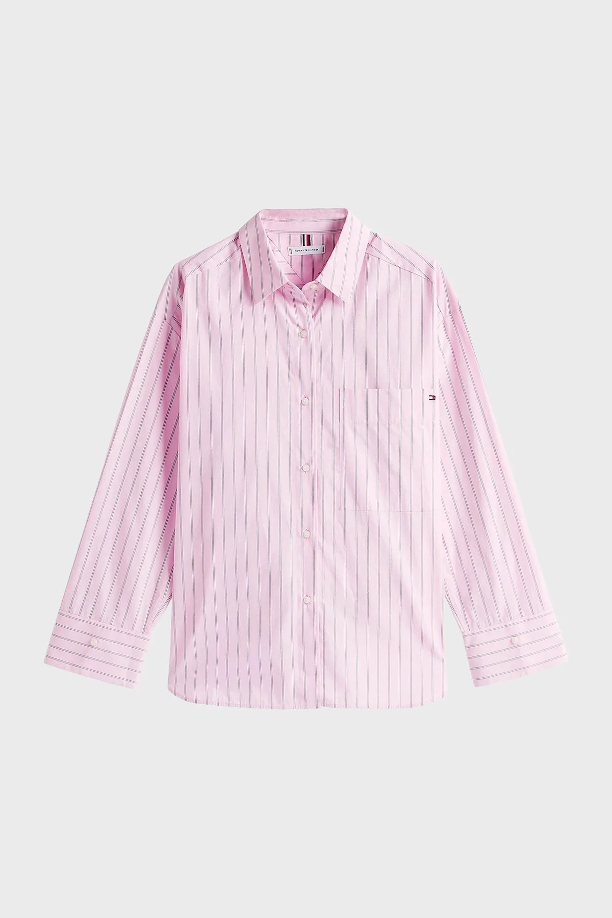 Tommy Hilfiger % 100 Pamuk Oversize Fit Klasik Yaka Çizgili Bayan Gömlek WW0WW45892 0D1 PEMBE-BEYAZ - 5