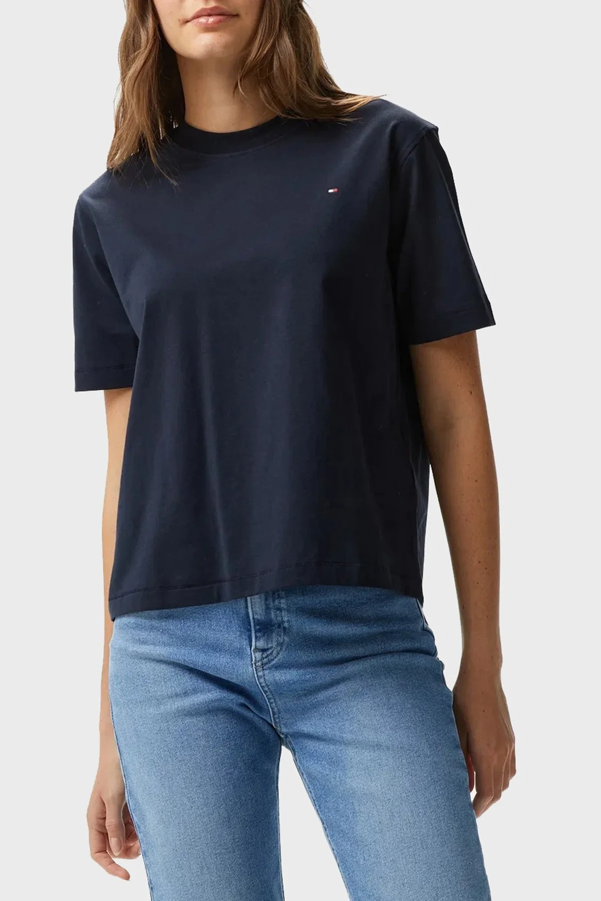 Tommy Hilfiger % 100 Pamuk Regular Fit Bisiklet Yaka Bayan T Shirt WW0WW43597 DW5 LACİVERT - 1