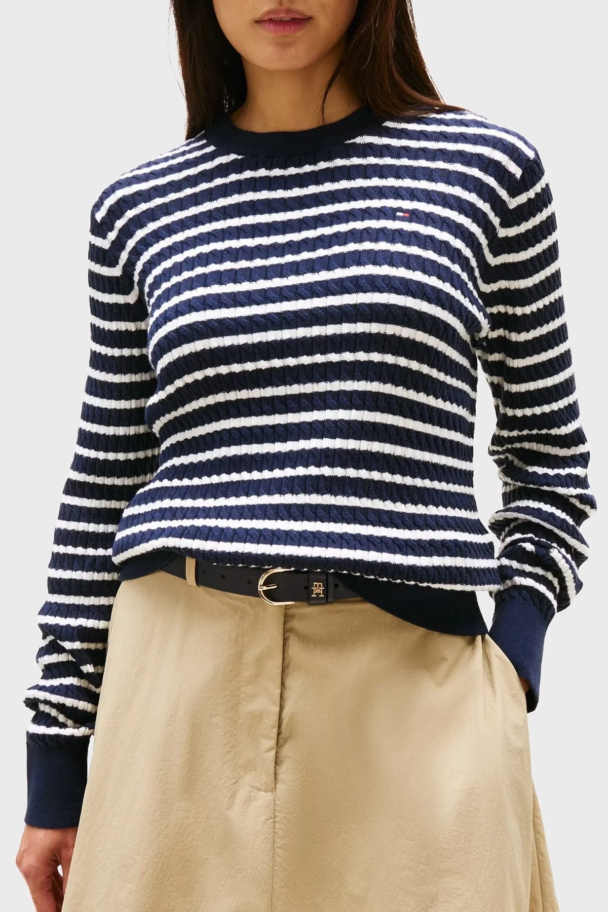 Tommy Hilfiger % 100 Pamuk Regular Fit Bisiklet Yaka Çizgili Bayan