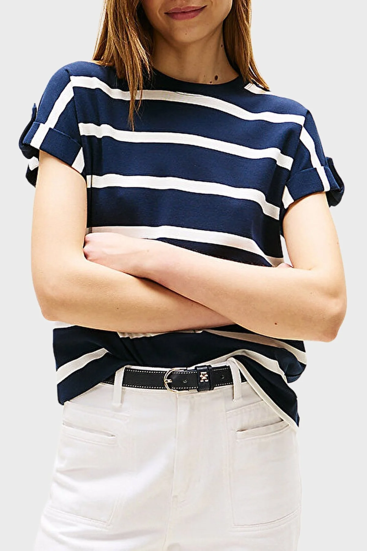 Tommy Hilfiger % 100 Pamuk Regular Fit Bisiklet Yaka Çizgili Bayan T Shirt WW0WW45628 0BB LACİVERT-BEYAZ - 1